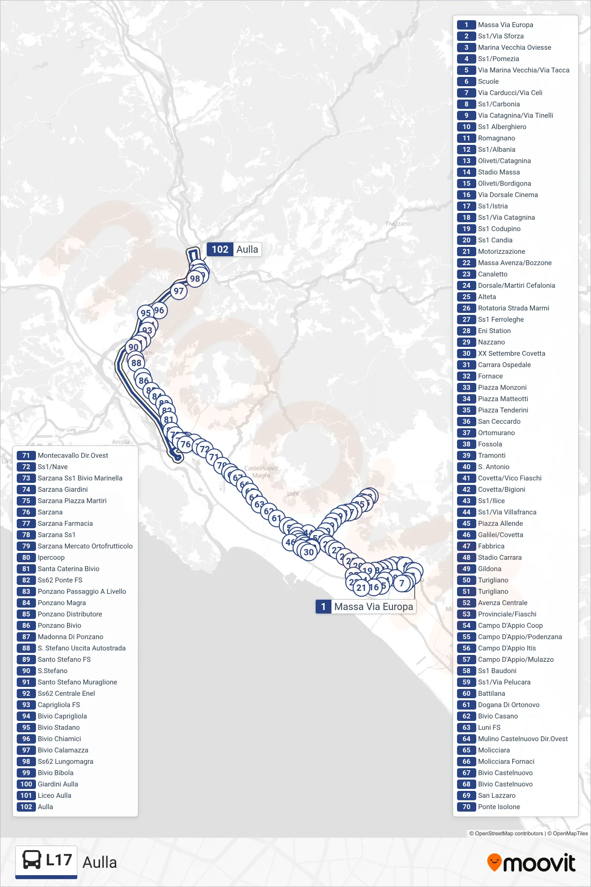 Linea L17 bus (Aulla) - Percorsi e fermate sulla mappa