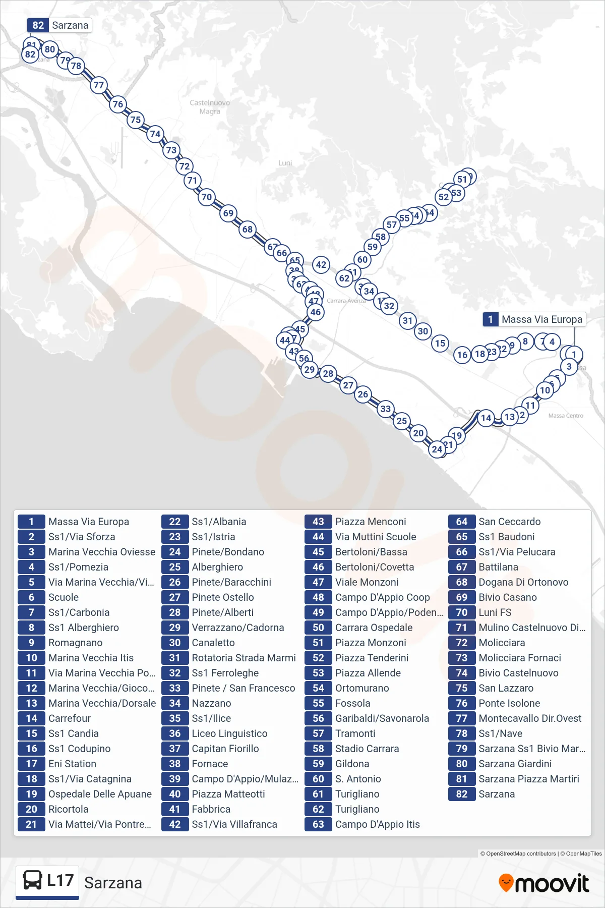 Linea L17  bus (Sarzana) - Percorsi e fermate sulla mappa