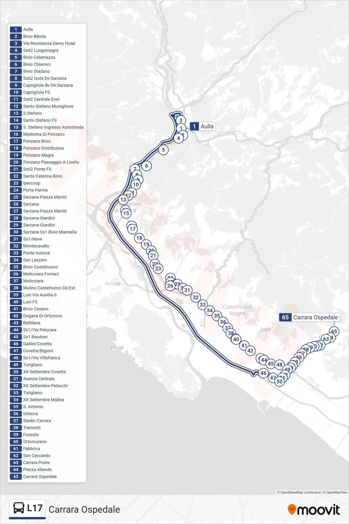 Linea L17 bus (Carrara Ospedale) - Percorsi e fermate sulla mappa