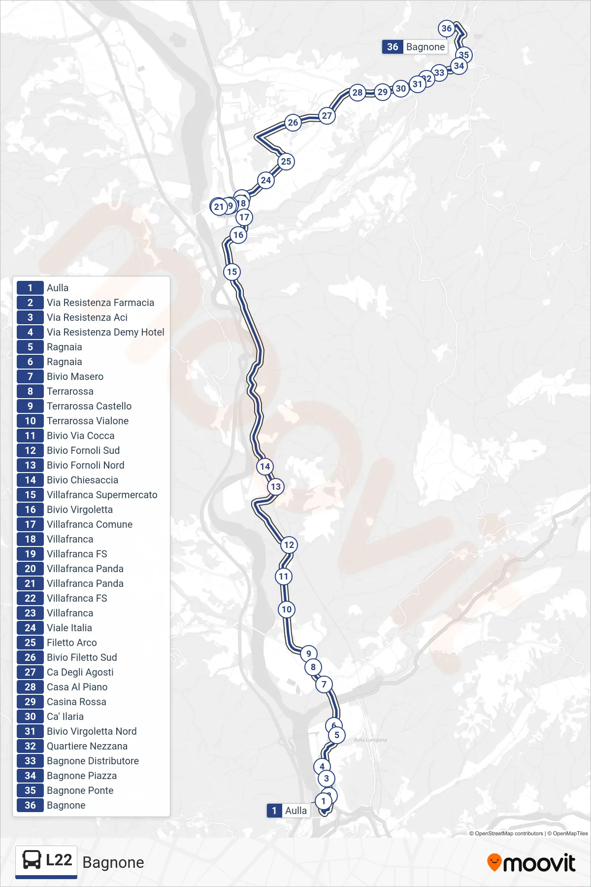 Linea L22 bus (Bagnone) - Percorsi e fermate sulla mappa