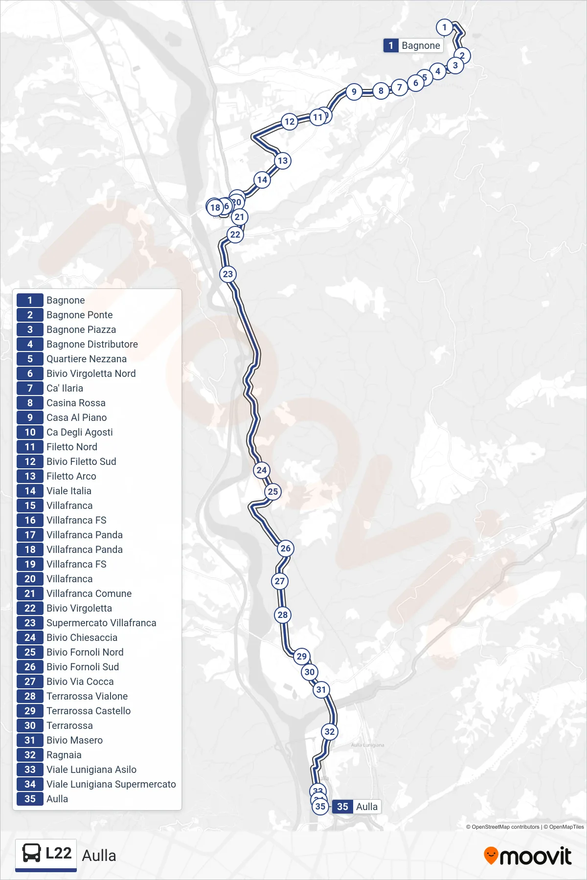 Linea L22  bus (Aulla) - Percorsi e fermate sulla mappa