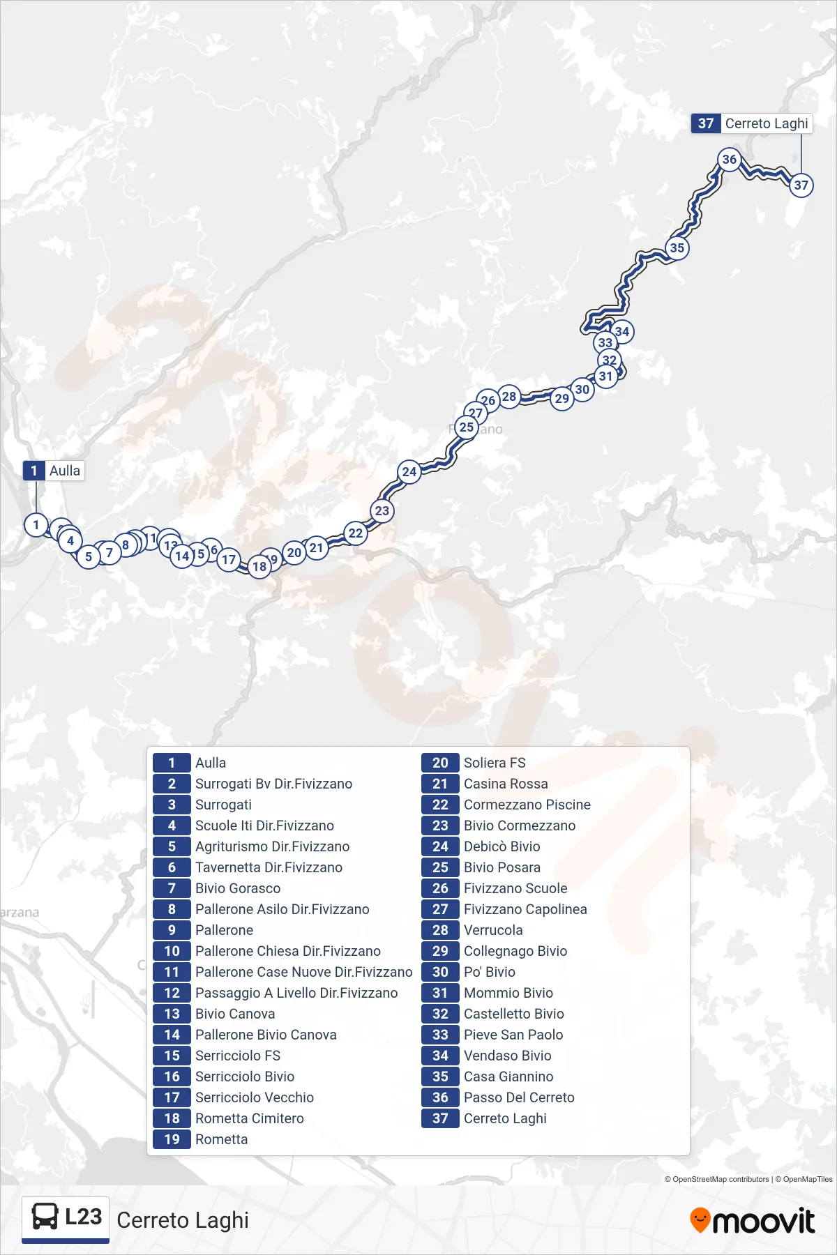 Linea L23 bus (Cerreto Laghi) - Percorsi e fermate sulla mappa
