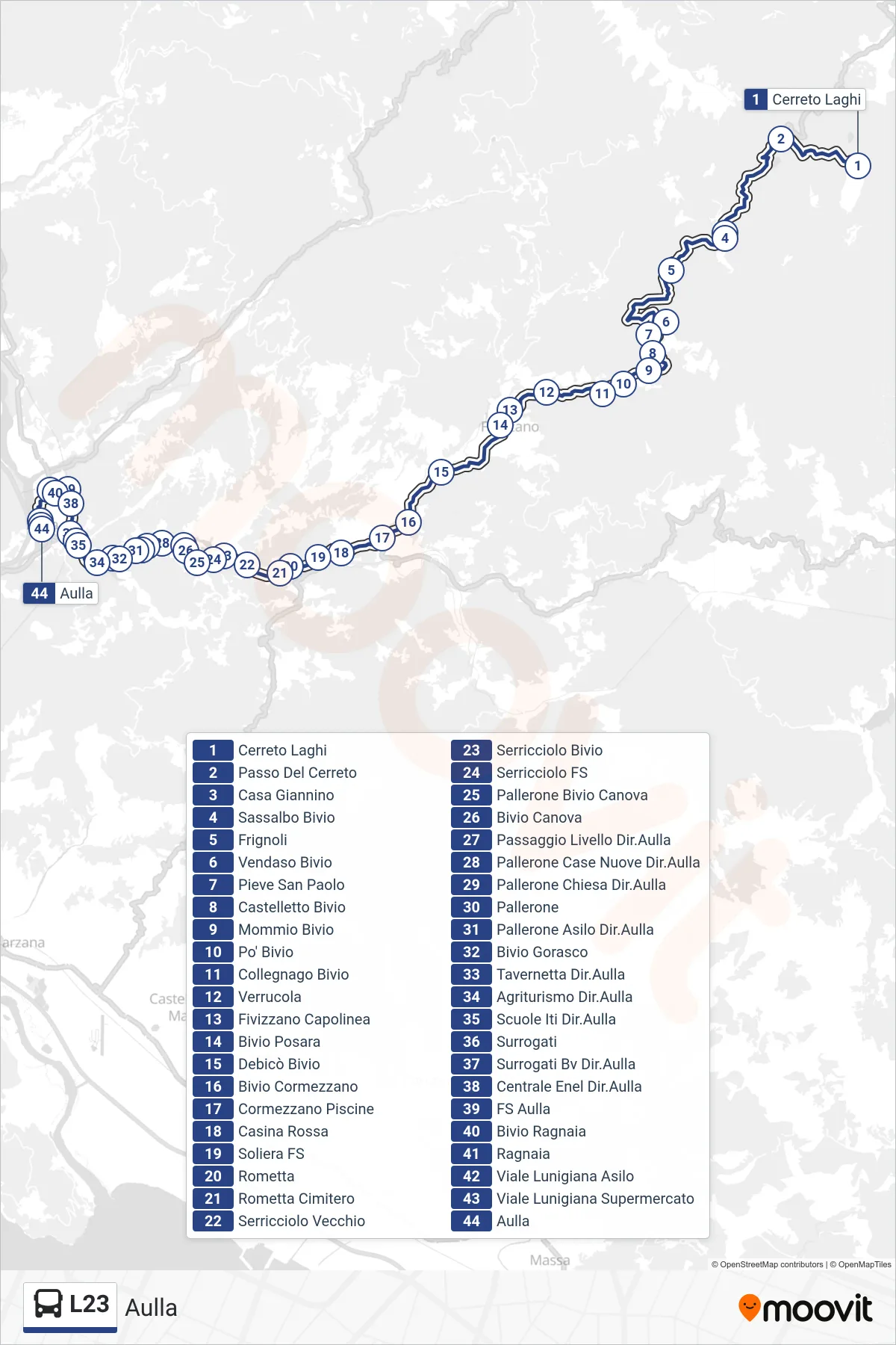 Linea L23 bus (Aulla) - Percorsi e fermate sulla mappa