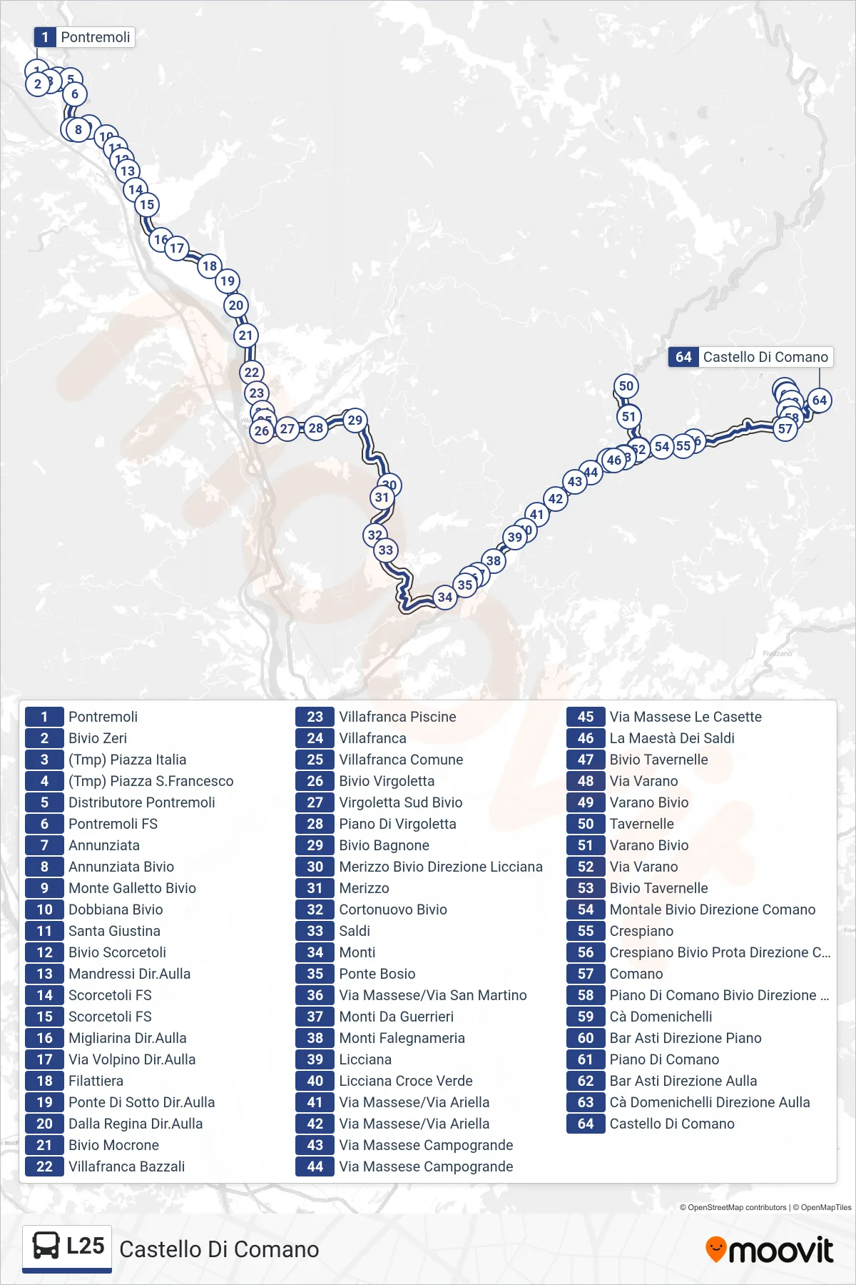 Linea L25 bus (Castello Di Comano) - Percorsi e fermate sulla mappa
