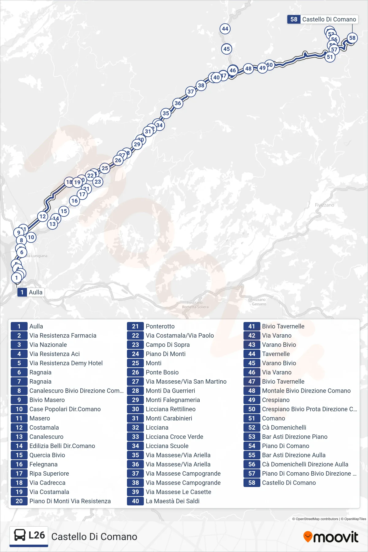 Linea L26  bus (Castello Di Comano) - Percorsi e fermate sulla mappa