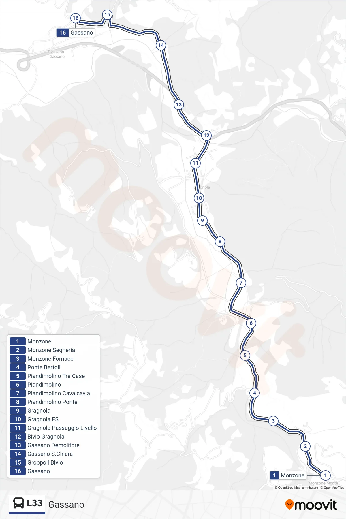 Linea L33 bus (Gassano) - Percorsi e fermate sulla mappa