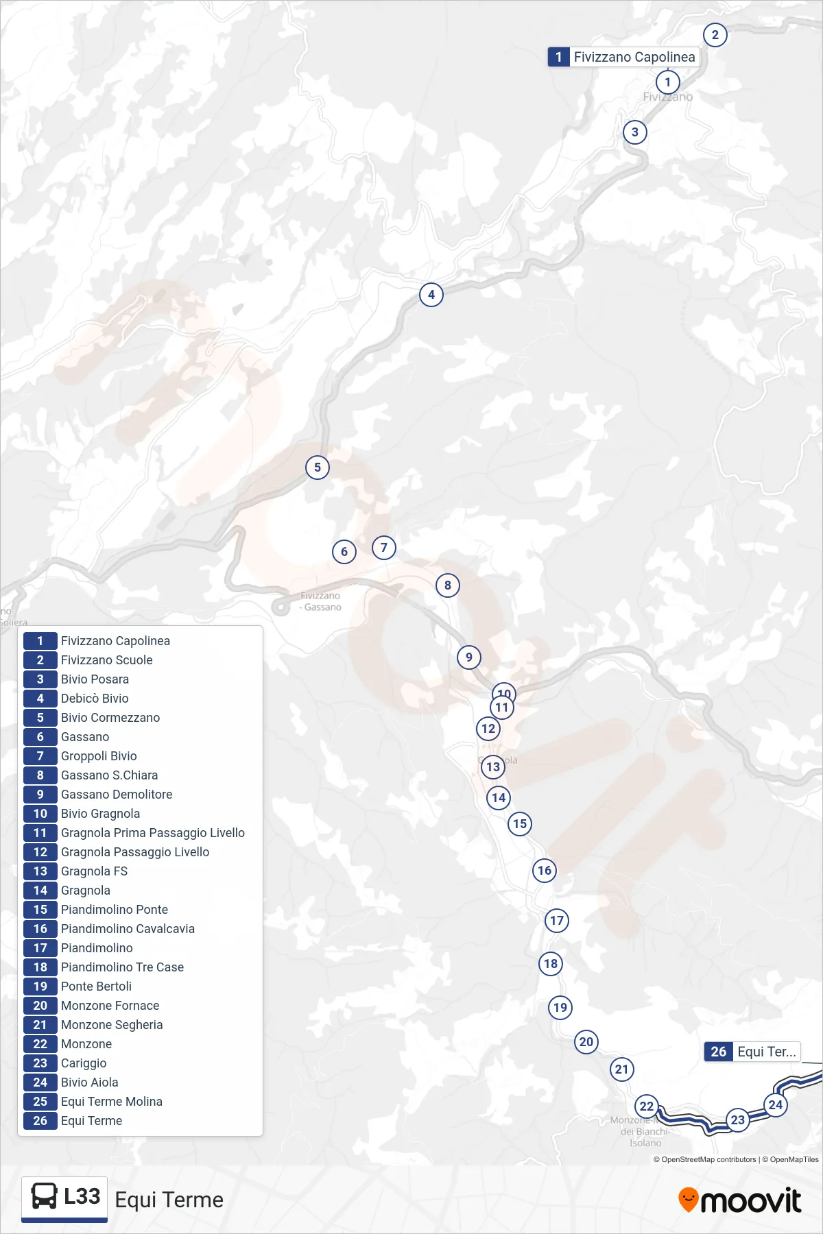 Linea L33  bus (Equi Terme) - Percorsi e fermate sulla mappa