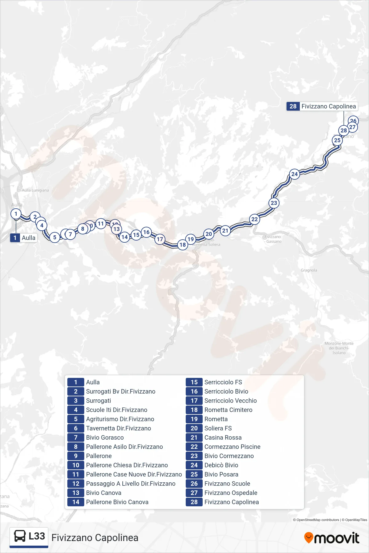 Linea L33 bus (Fivizzano Capolinea) - Percorsi e fermate sulla mappa