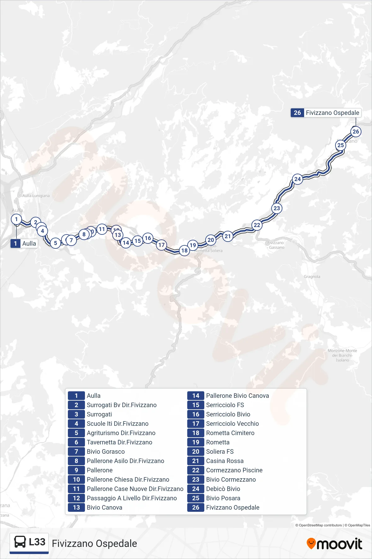 Linea L33 bus (Fivizzano Ospedale) - Percorsi e fermate sulla mappa