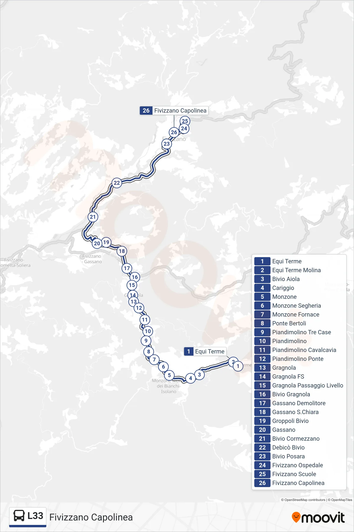 Linea L33  bus (Fivizzano Capolinea) - Percorsi e fermate sulla mappa