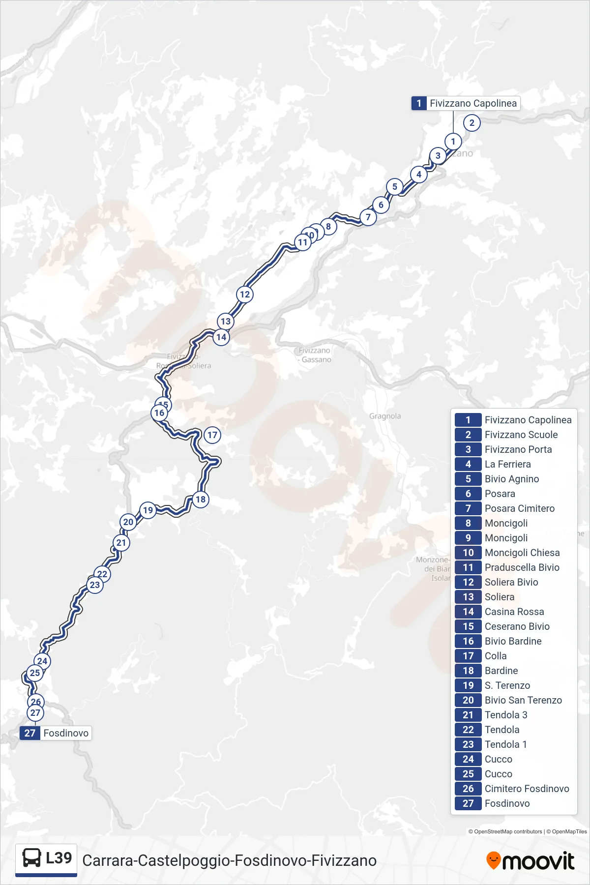 Linea L39  bus (Fosdinovo) - Percorsi e fermate sulla mappa