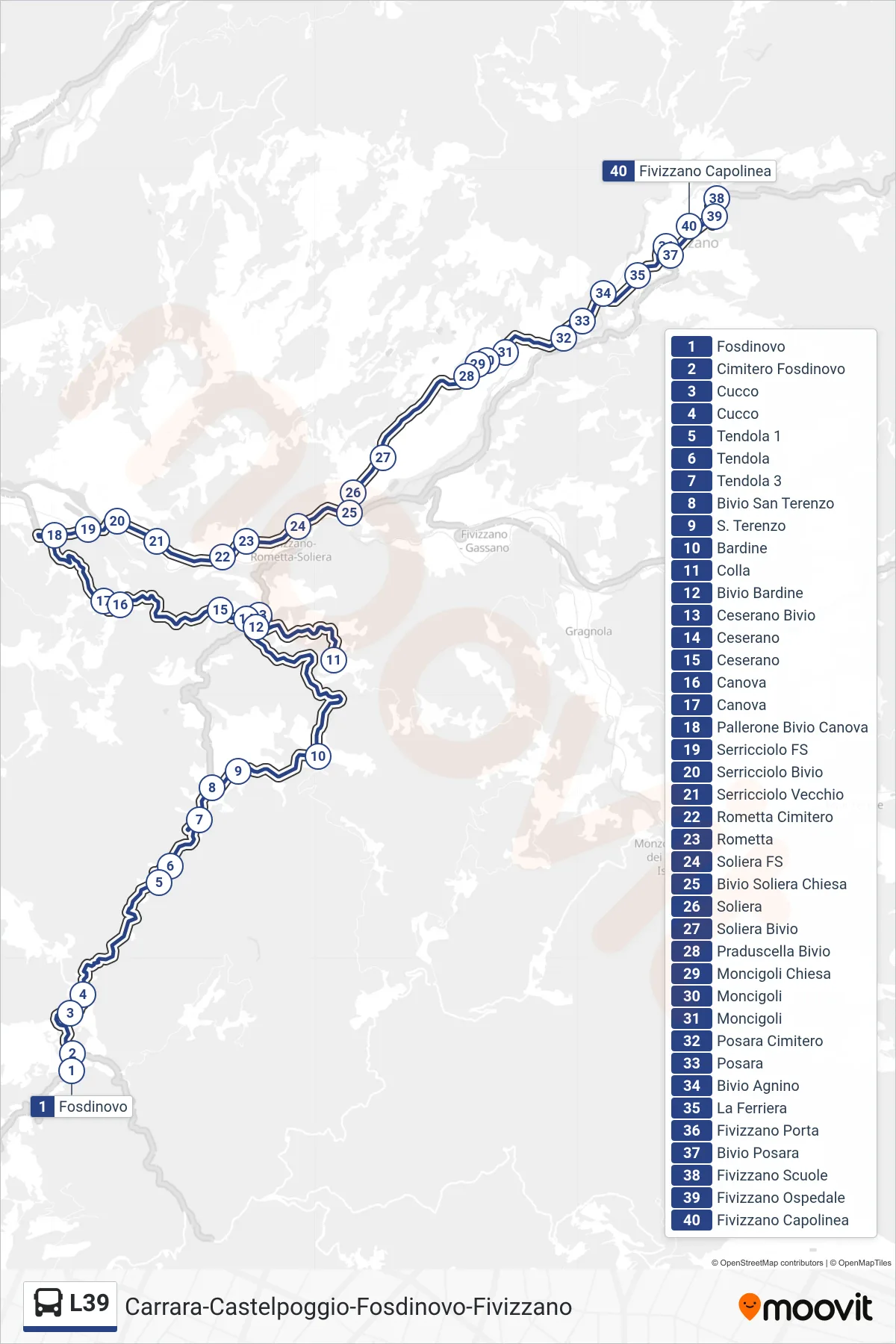 Linea L39  bus (Fivizzano Capolinea) - Percorsi e fermate sulla mappa