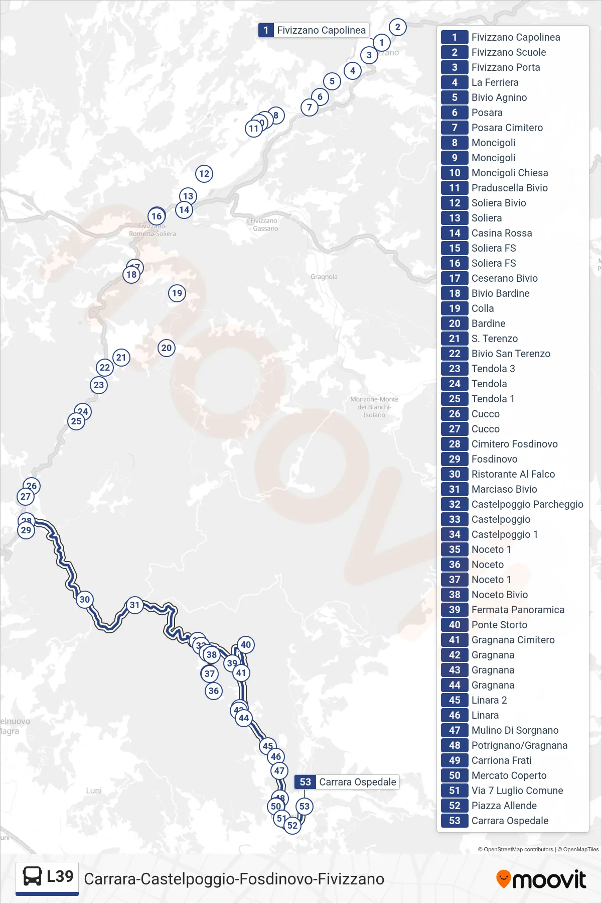 Linea L39  bus (Carrara Ospedale) - Percorsi e fermate sulla mappa