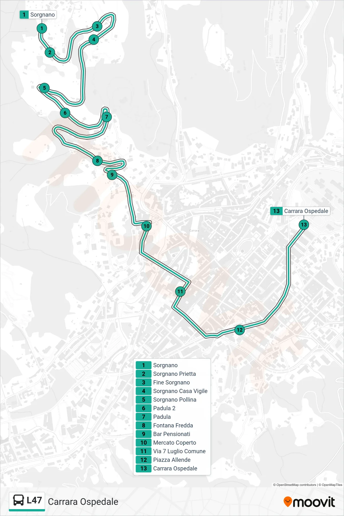 Linea L47  bus (Carrara Ospedale) - Percorsi e fermate sulla mappa