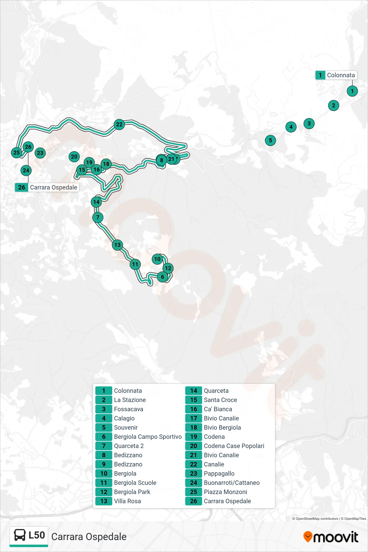Linea L50 bus (Carrara Ospedale) - Percorsi e fermate sulla mappa