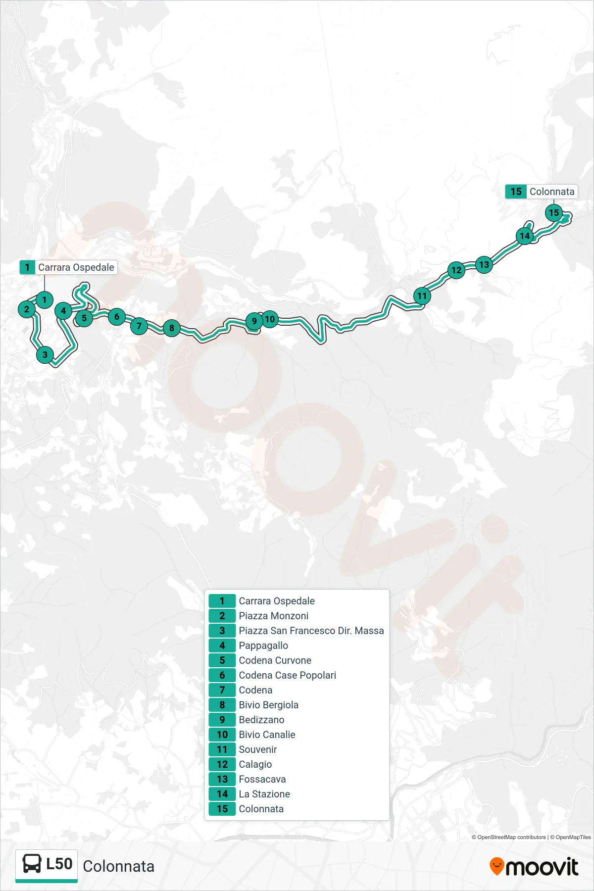 Linea L50 bus (Colonnata) - Percorsi e fermate sulla mappa
