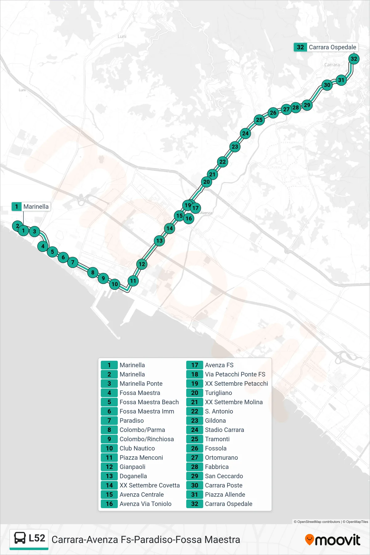 Linea L52  bus (Carrara Ospedale) - Percorsi e fermate sulla mappa