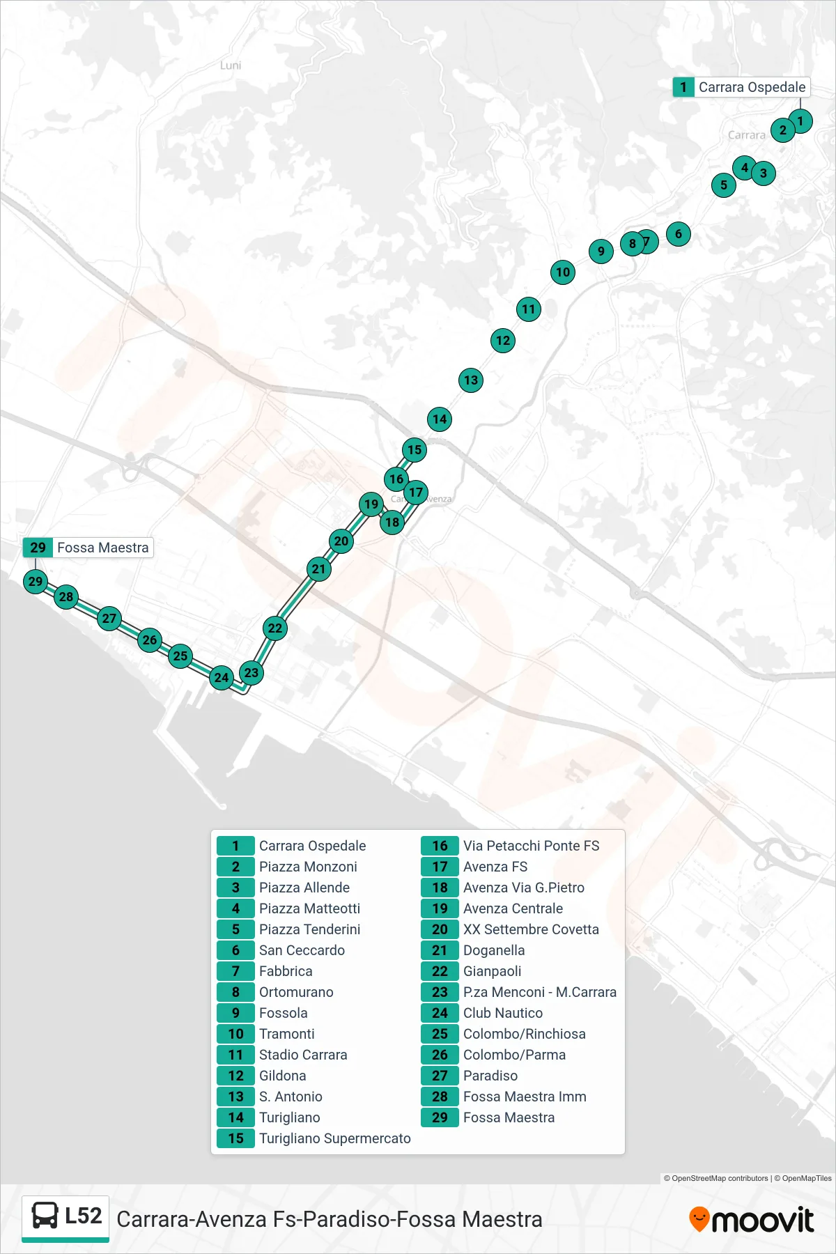 Linea L52  bus (Fossa Maestra) - Percorsi e fermate sulla mappa