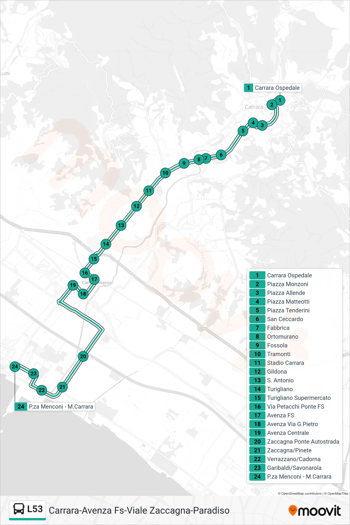 Linea L53 bus (M.Carrara) - Percorsi e fermate sulla mappa