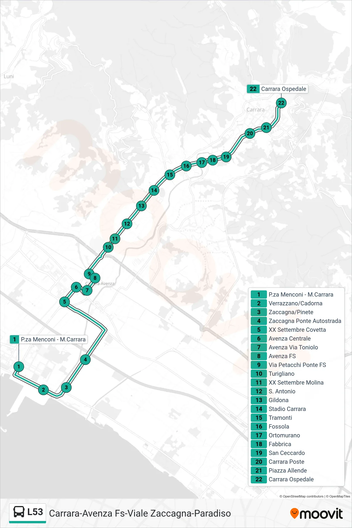 Linea L53  bus (Carrara Ospedale) - Percorsi e fermate sulla mappa