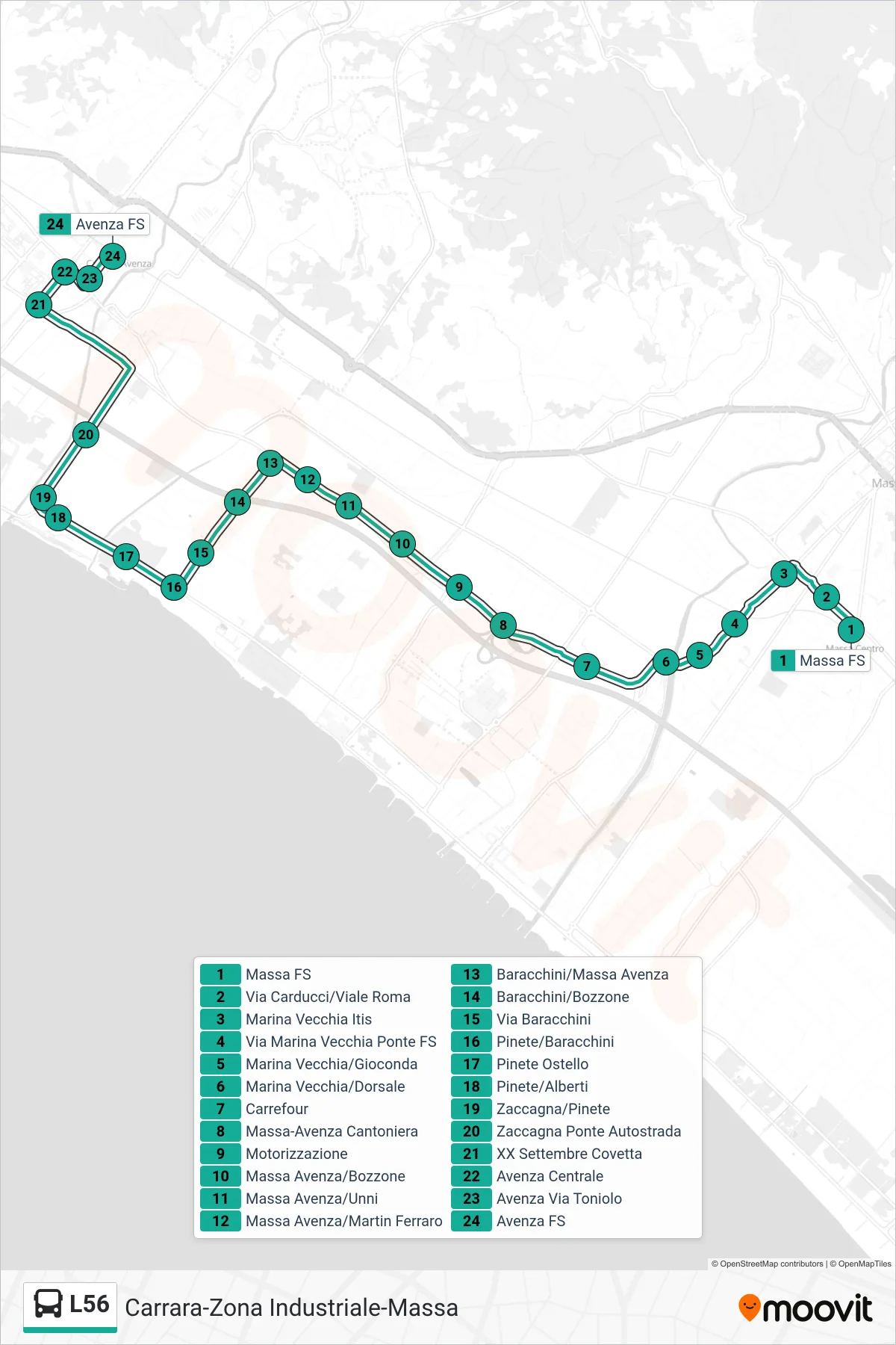 Linea L56 bus (Avenza FS) - Percorsi e fermate sulla mappa