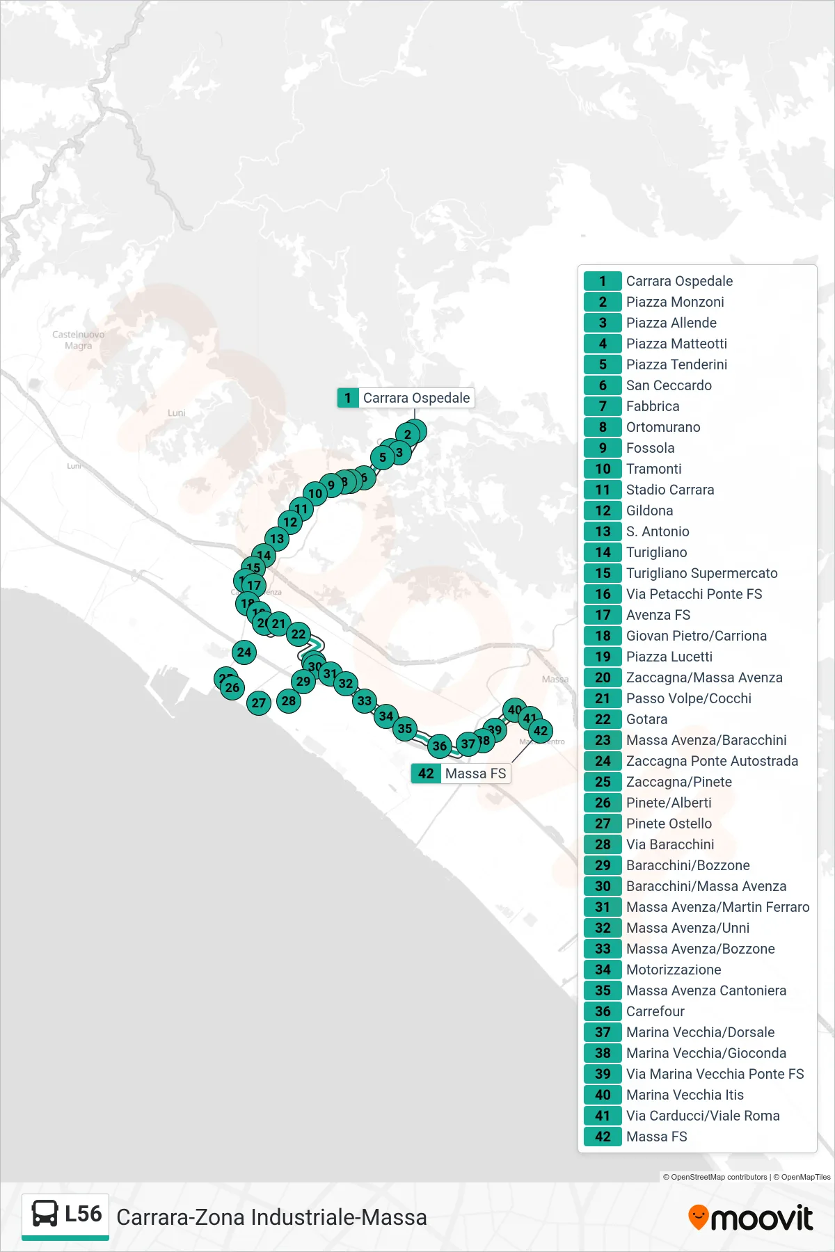 Linea L56  bus (Massa FS) - Percorsi e fermate sulla mappa