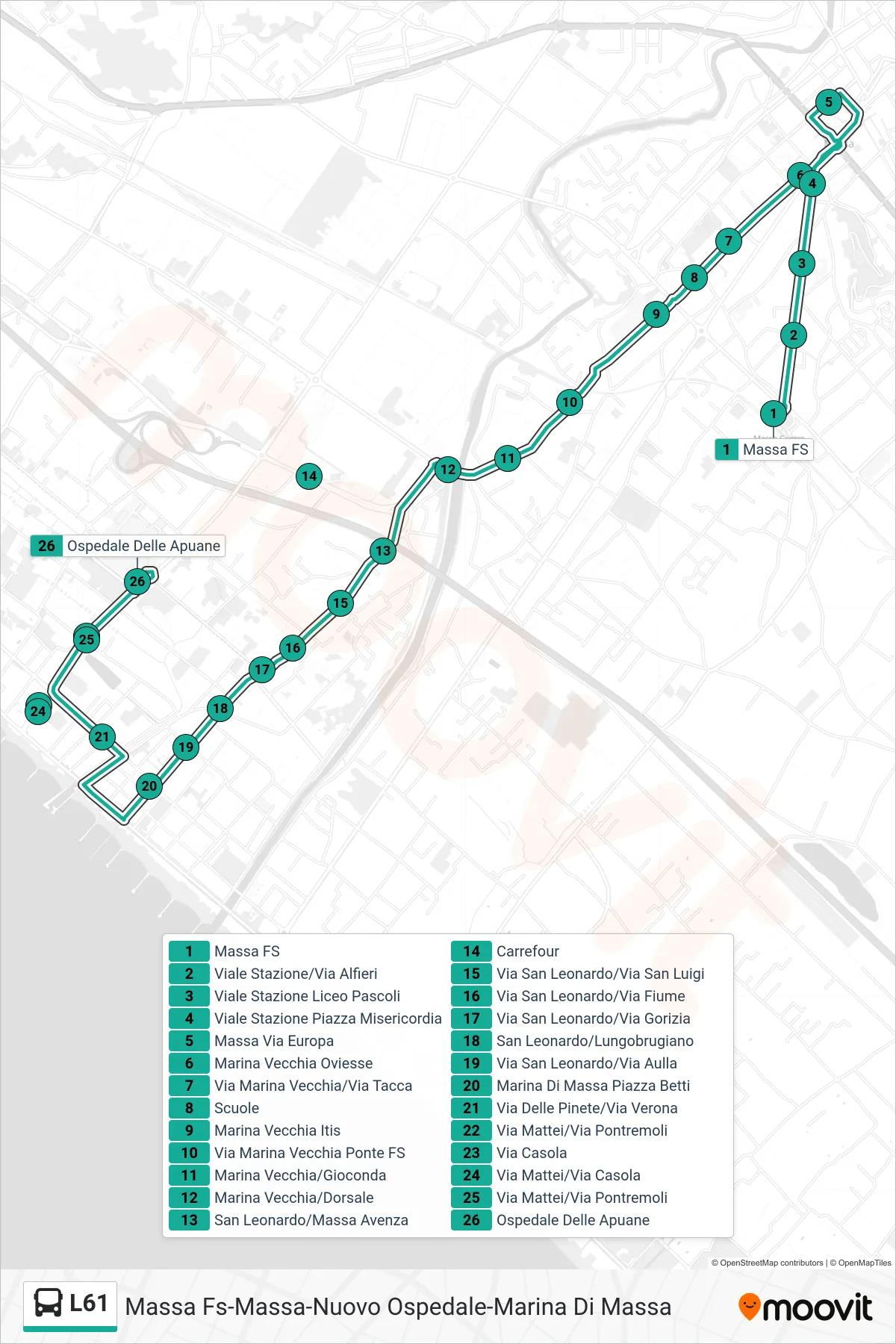 Linea L61  bus (Ospedale Delle Apuane) - Percorsi e fermate sulla mappa