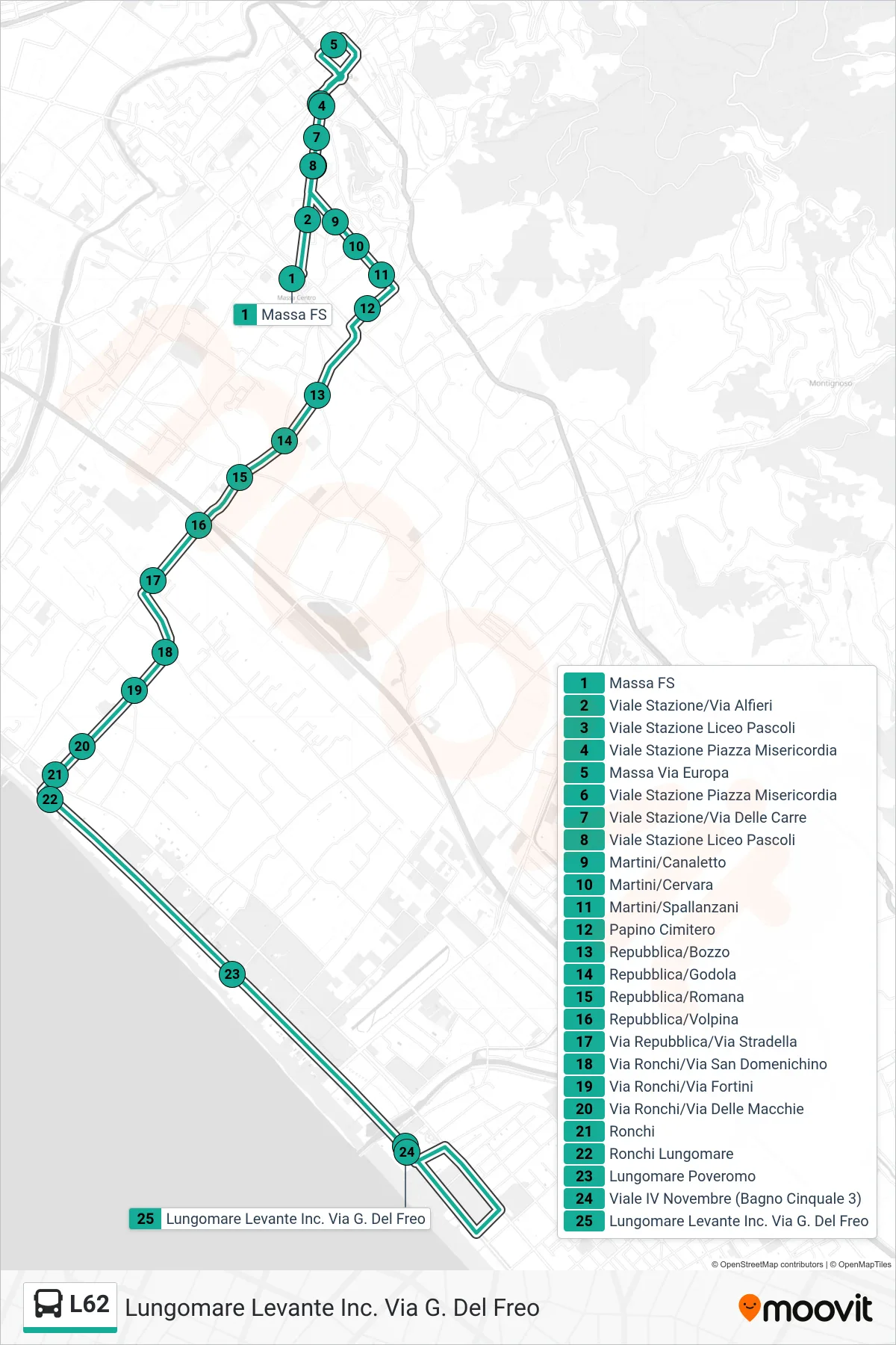 Linea L62 bus (Lungomare Levante Inc. Via G. Del Freo) - Percorsi e fermate sulla mappa