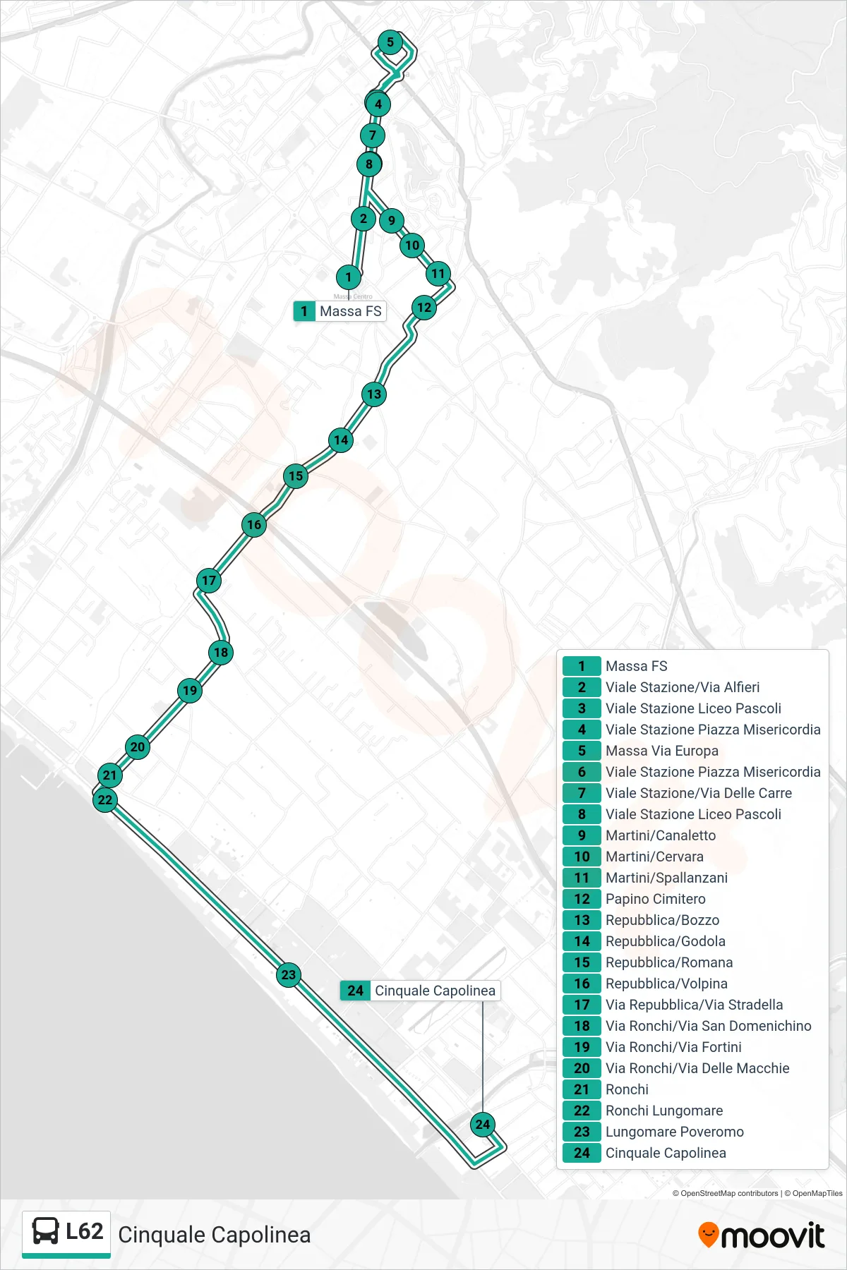 Linea L62 bus (Cinquale Capolinea) - Percorsi e fermate sulla mappa