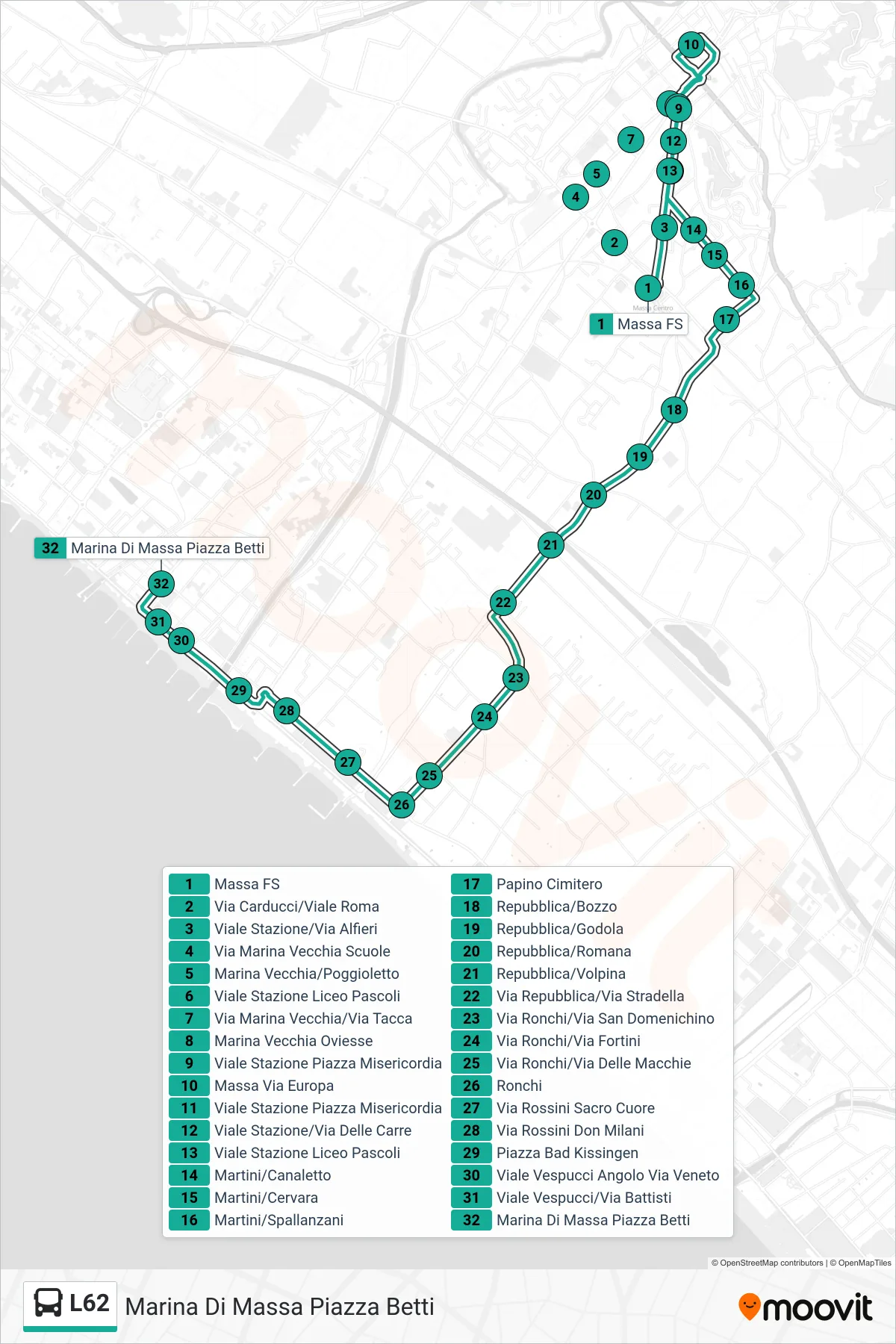 Linea L62 bus (Marina Di Massa Piazza Betti) - Percorsi e fermate sulla mappa