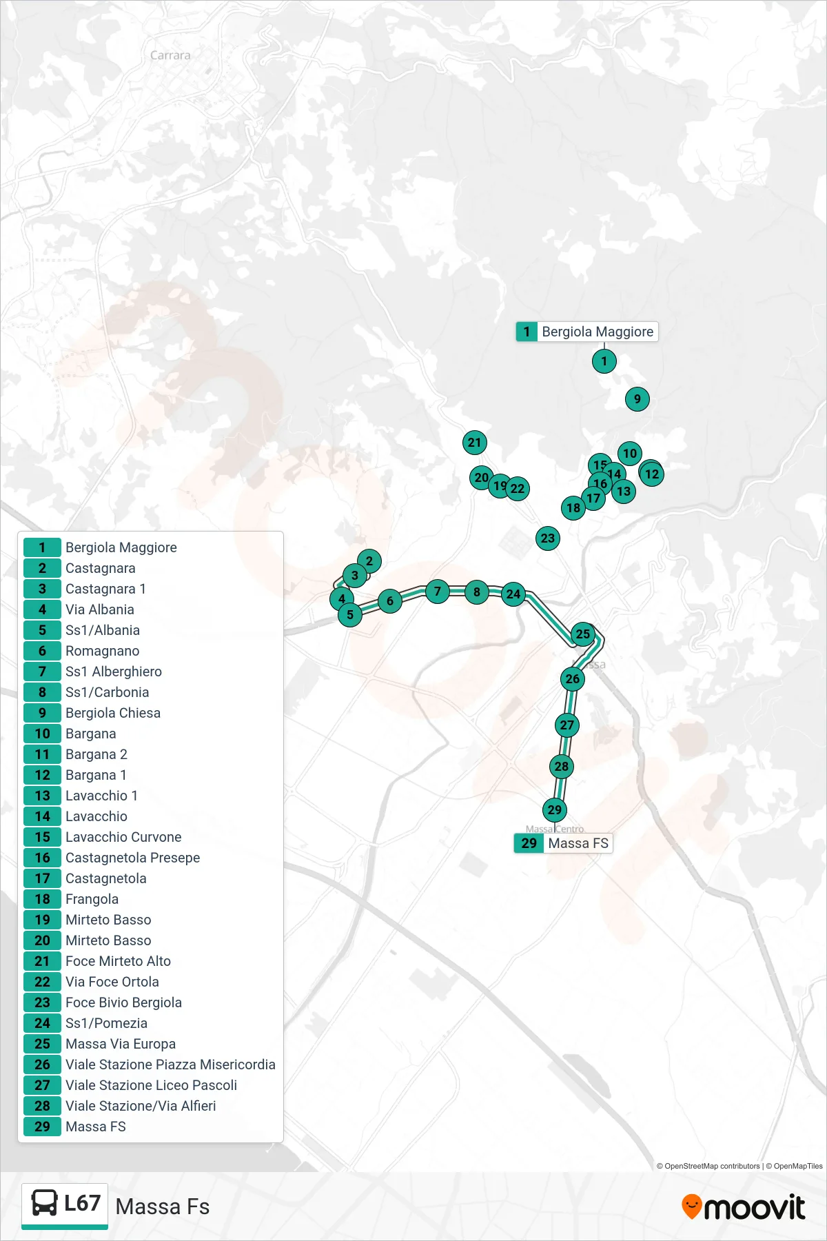 Linea L67  bus (Massa Fs) - Percorsi e fermate sulla mappa
