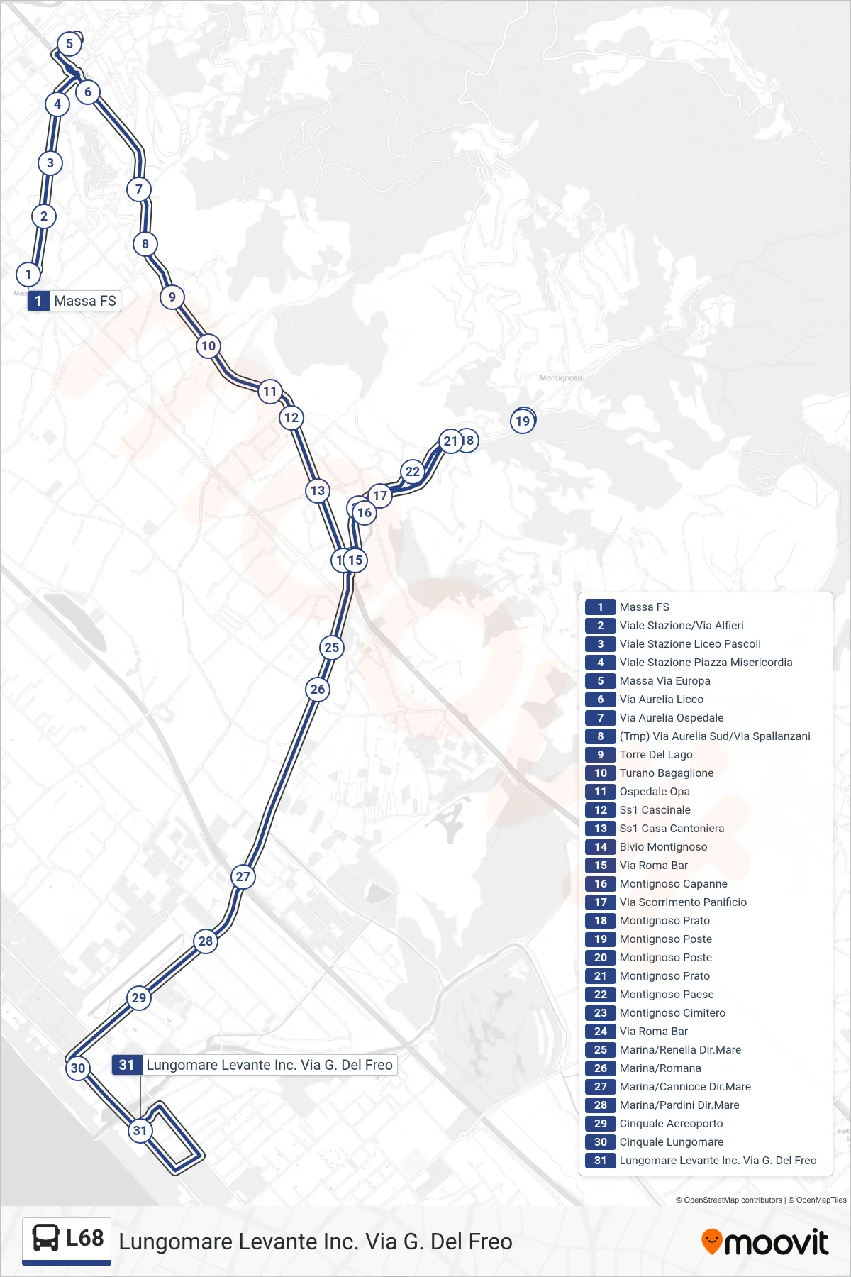 Linea L68  bus (Lungomare Levante Inc. Via G. Del Freo) - Percorsi e fermate sulla mappa