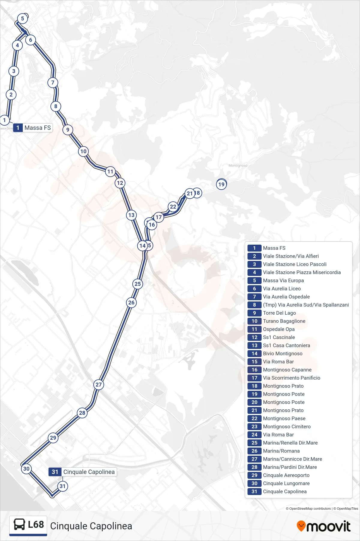 Linea L68  bus (Cinquale Capolinea) - Percorsi e fermate sulla mappa