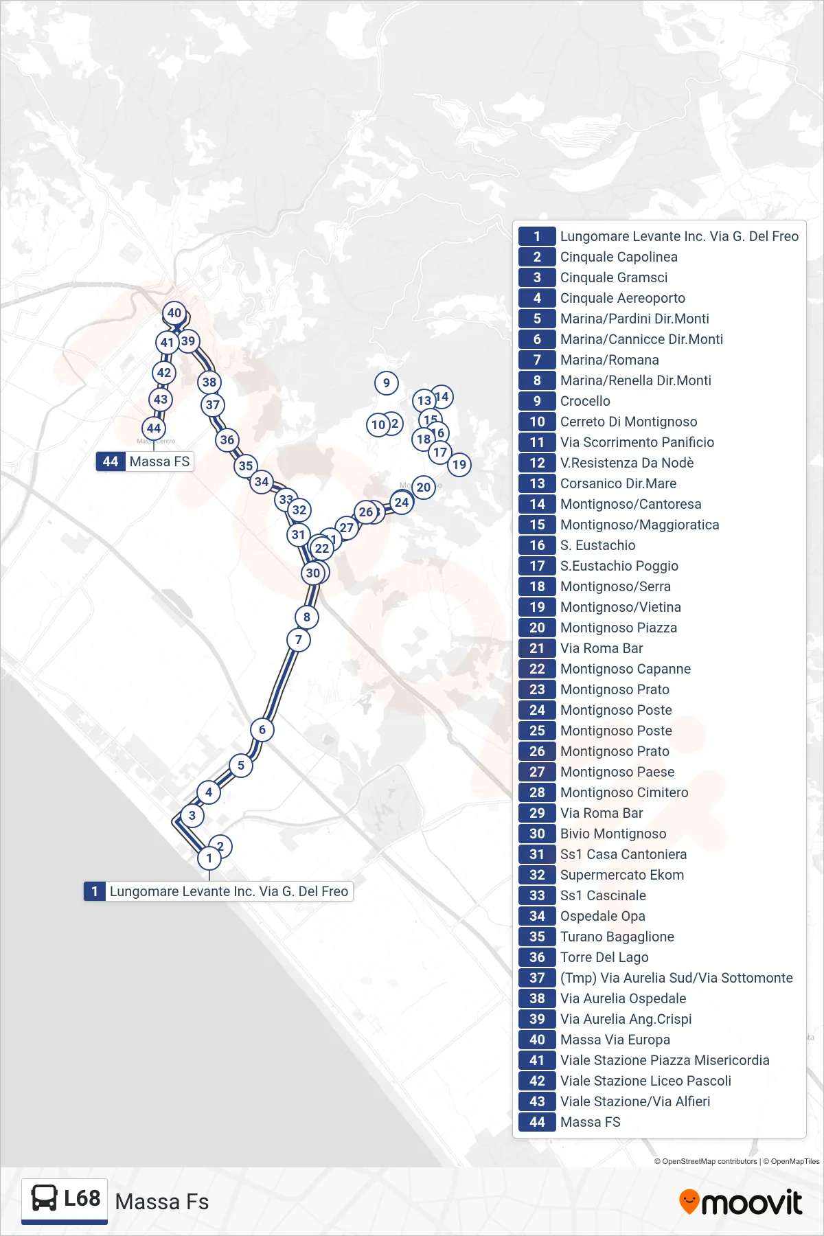Linea L68  bus (Massa Fs) - Percorsi e fermate sulla mappa