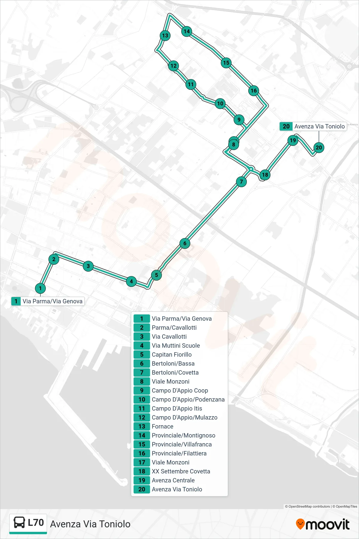 Linea L70 bus (Avenza Via Toniolo) - Percorsi e fermate sulla mappa