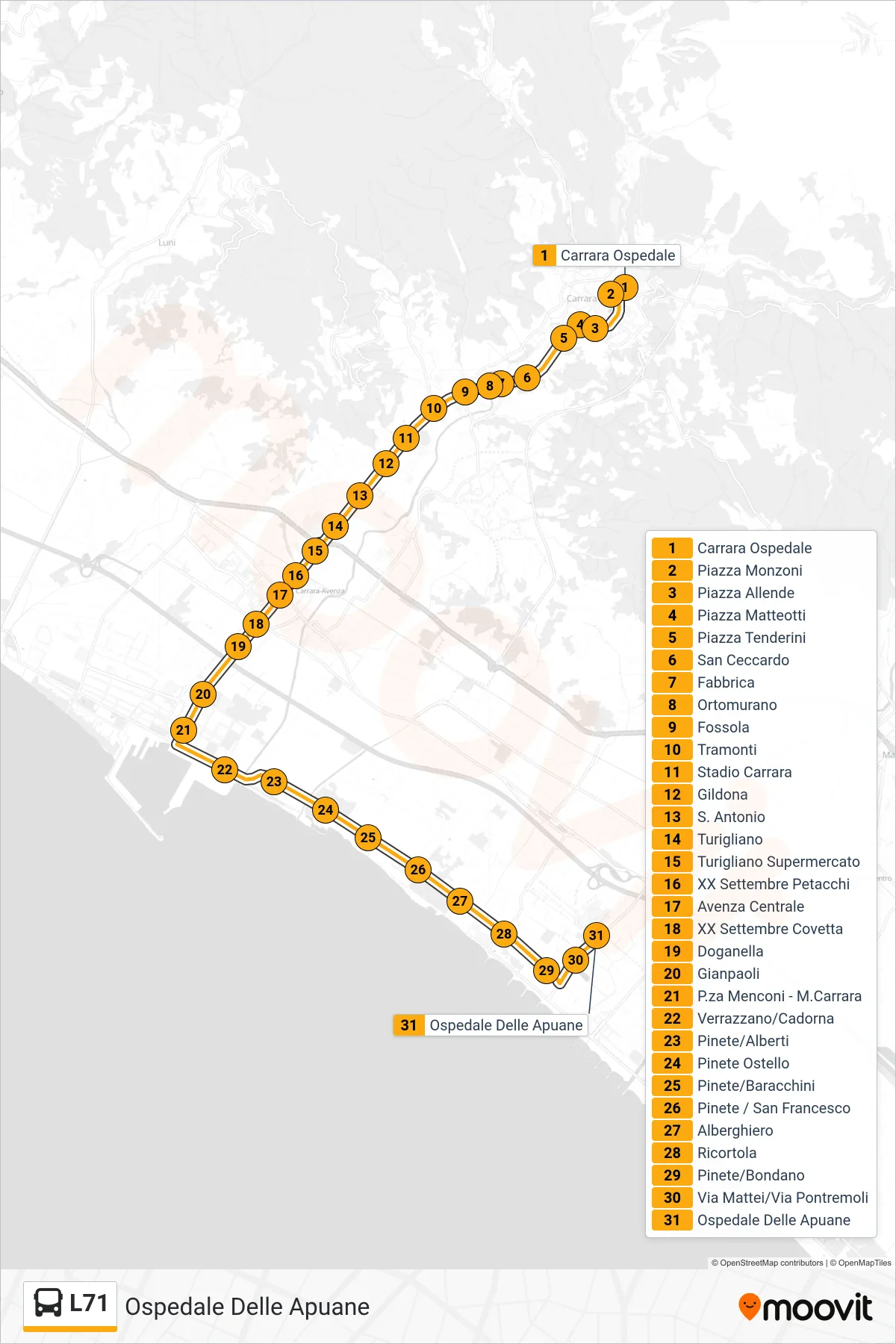 Linea L71 bus (Ospedale Delle Apuane) - Percorsi e fermate sulla mappa