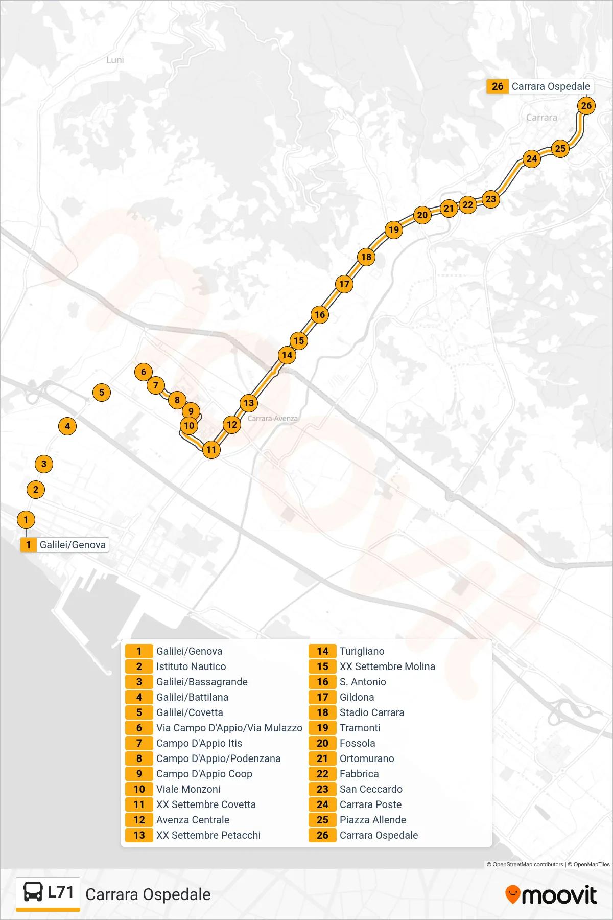 Linea L71  bus (Carrara Ospedale) - Percorsi e fermate sulla mappa