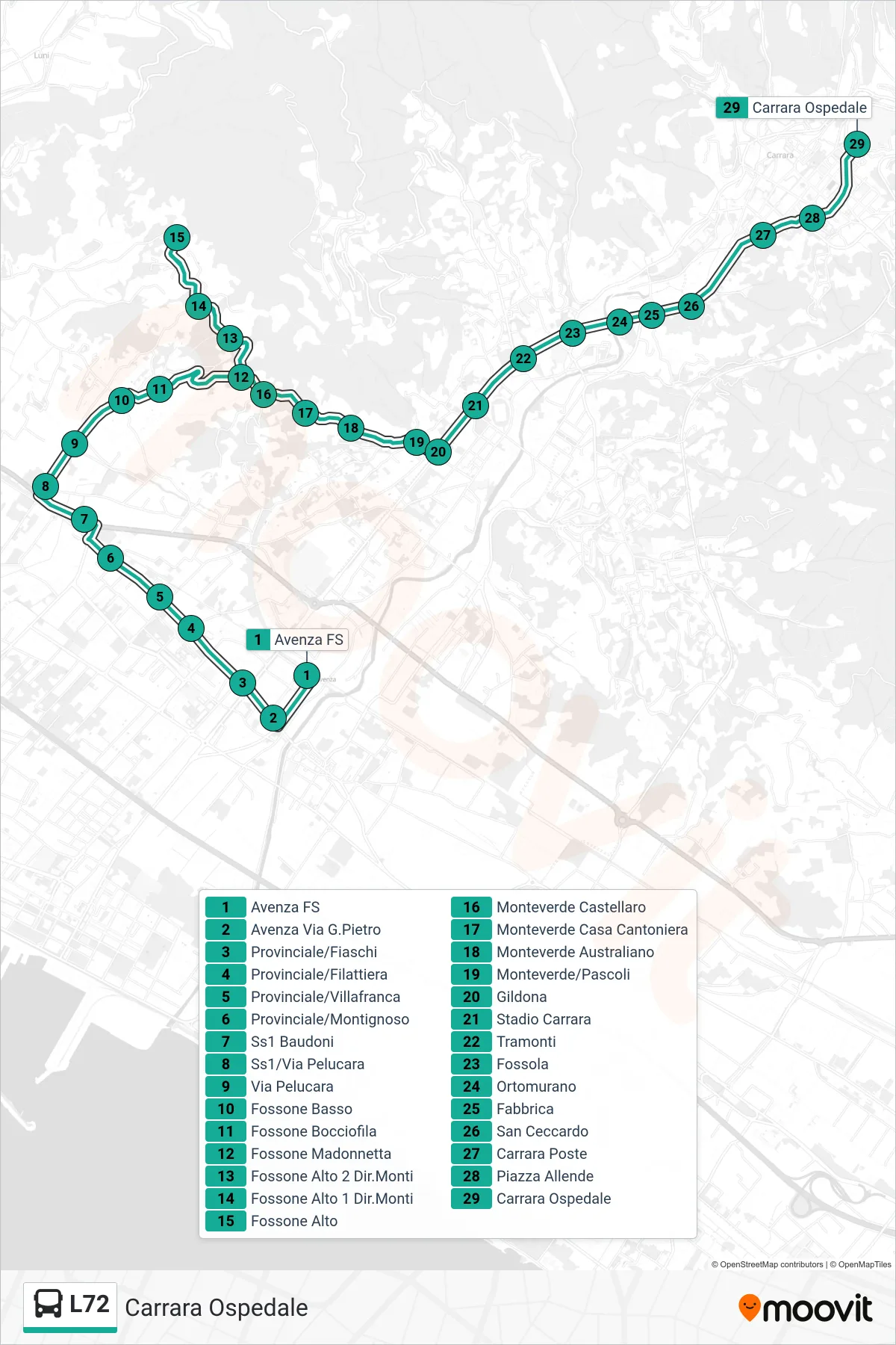 Linea L72  bus (Carrara Ospedale) - Percorsi e fermate sulla mappa