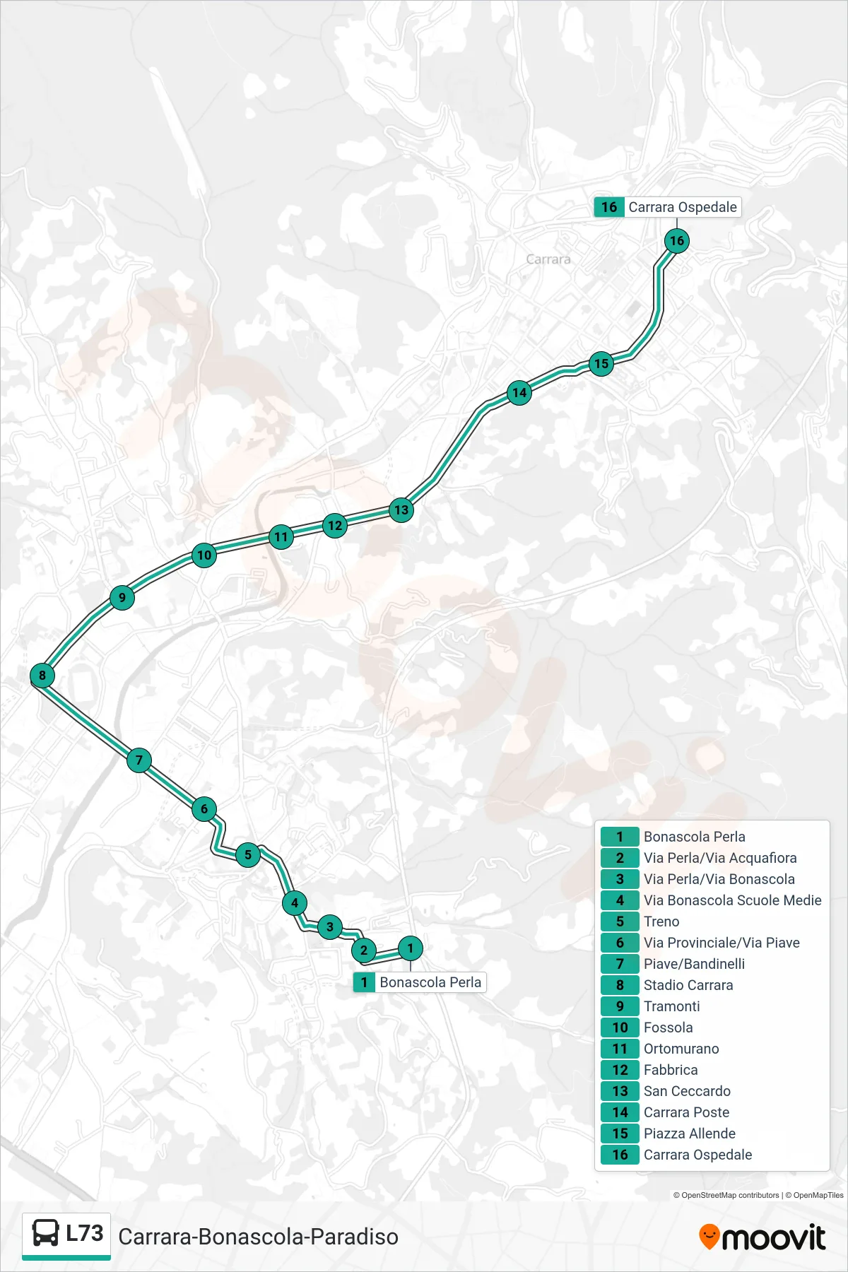 Linea L73  bus (Carrara Ospedale) - Percorsi e fermate sulla mappa