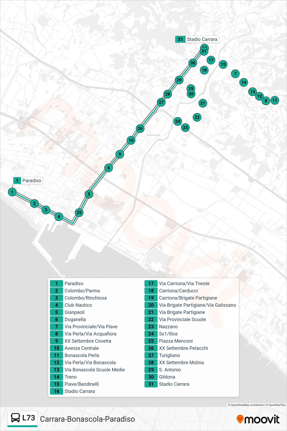 Linea L73  bus (Stadio Carrara) - Percorsi e fermate sulla mappa