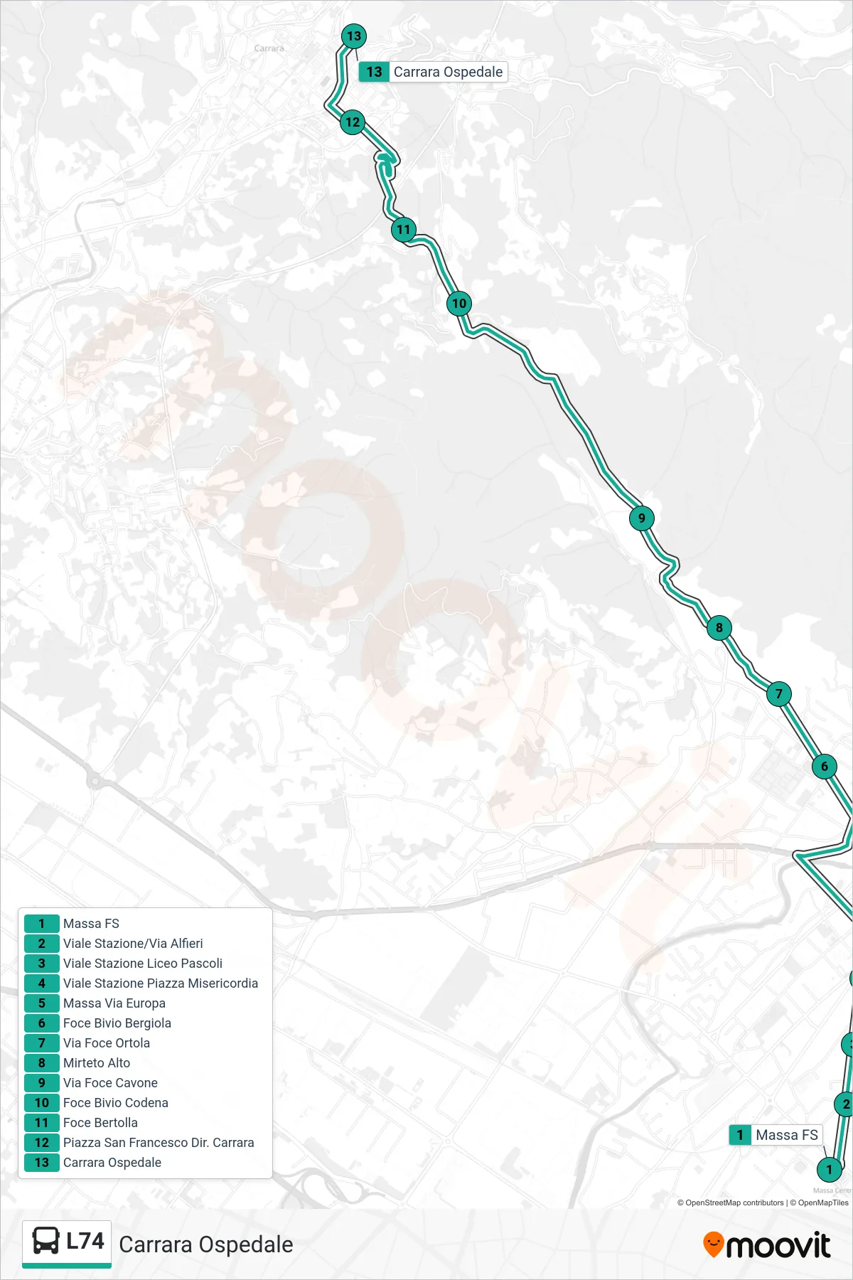 Linea L74 bus (Carrara Ospedale) - Percorsi e fermate sulla mappa