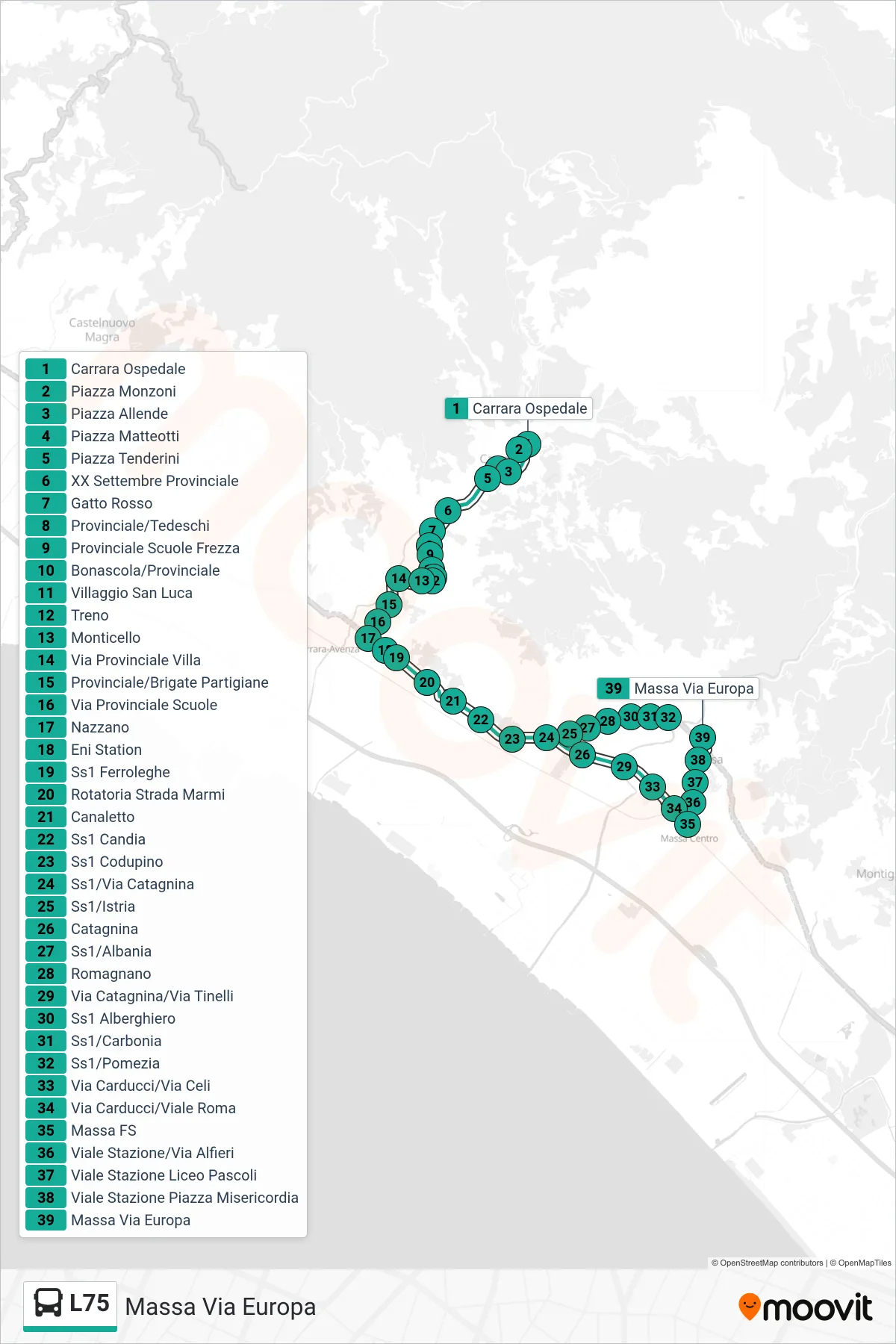 Linea L75 bus (Massa Via Europa) - Percorsi e fermate sulla mappa