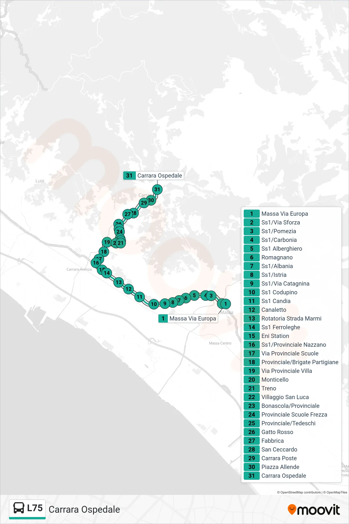 Linea L75 bus (Carrara Ospedale) - Percorsi e fermate sulla mappa