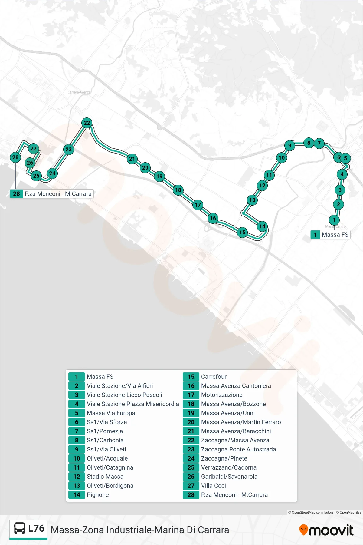 Linea L76  bus (M.Carrara) - Percorsi e fermate sulla mappa
