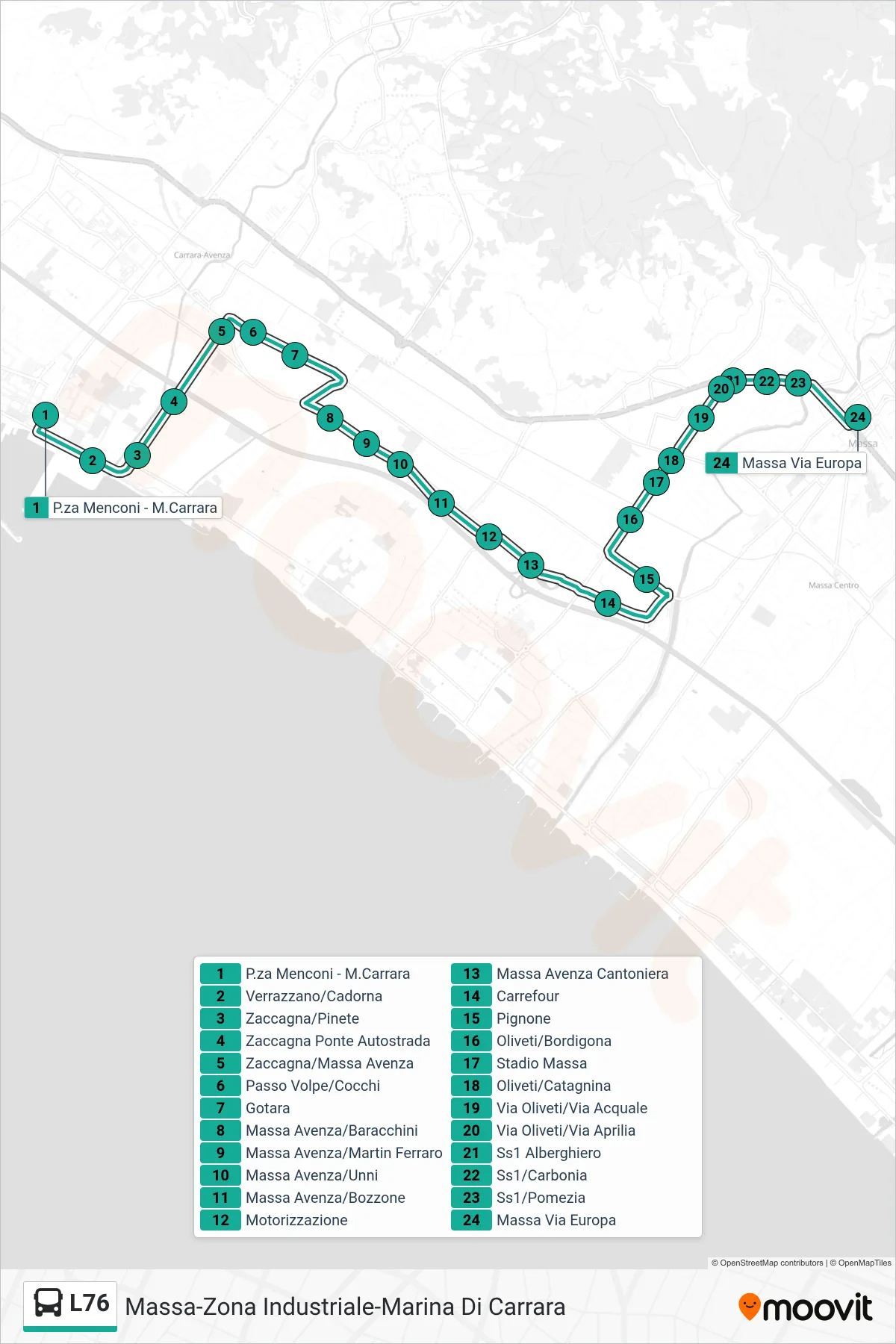 Linea L76  bus (Massa Via Europa) - Percorsi e fermate sulla mappa