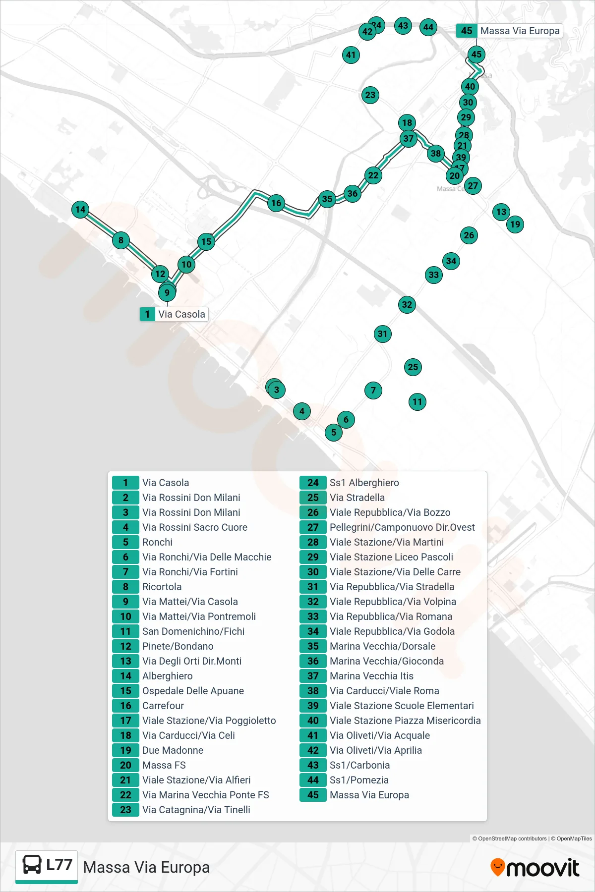 Linea L77 bus (Massa Via Europa) - Percorsi e fermate sulla mappa