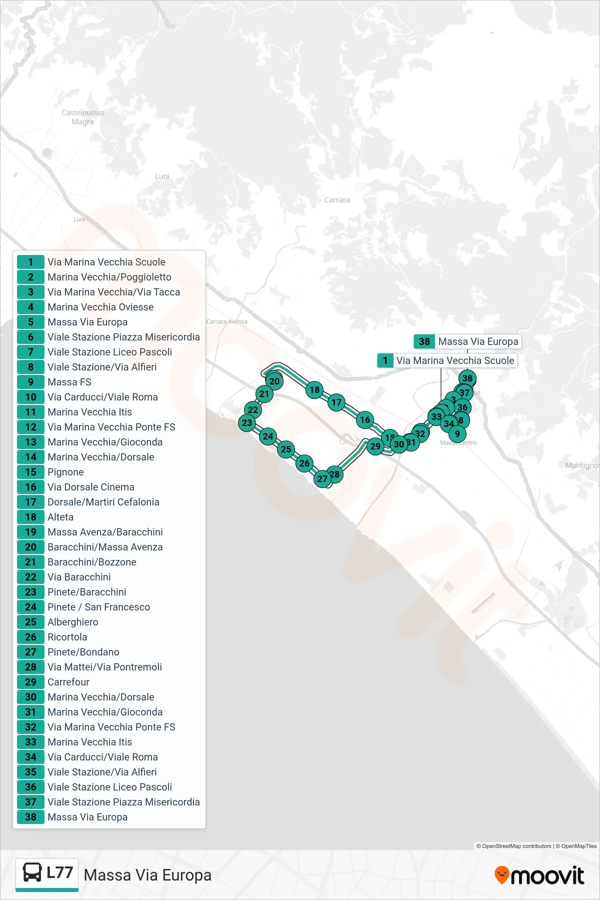 Linea L77  bus (Massa Via Europa) - Percorsi e fermate sulla mappa