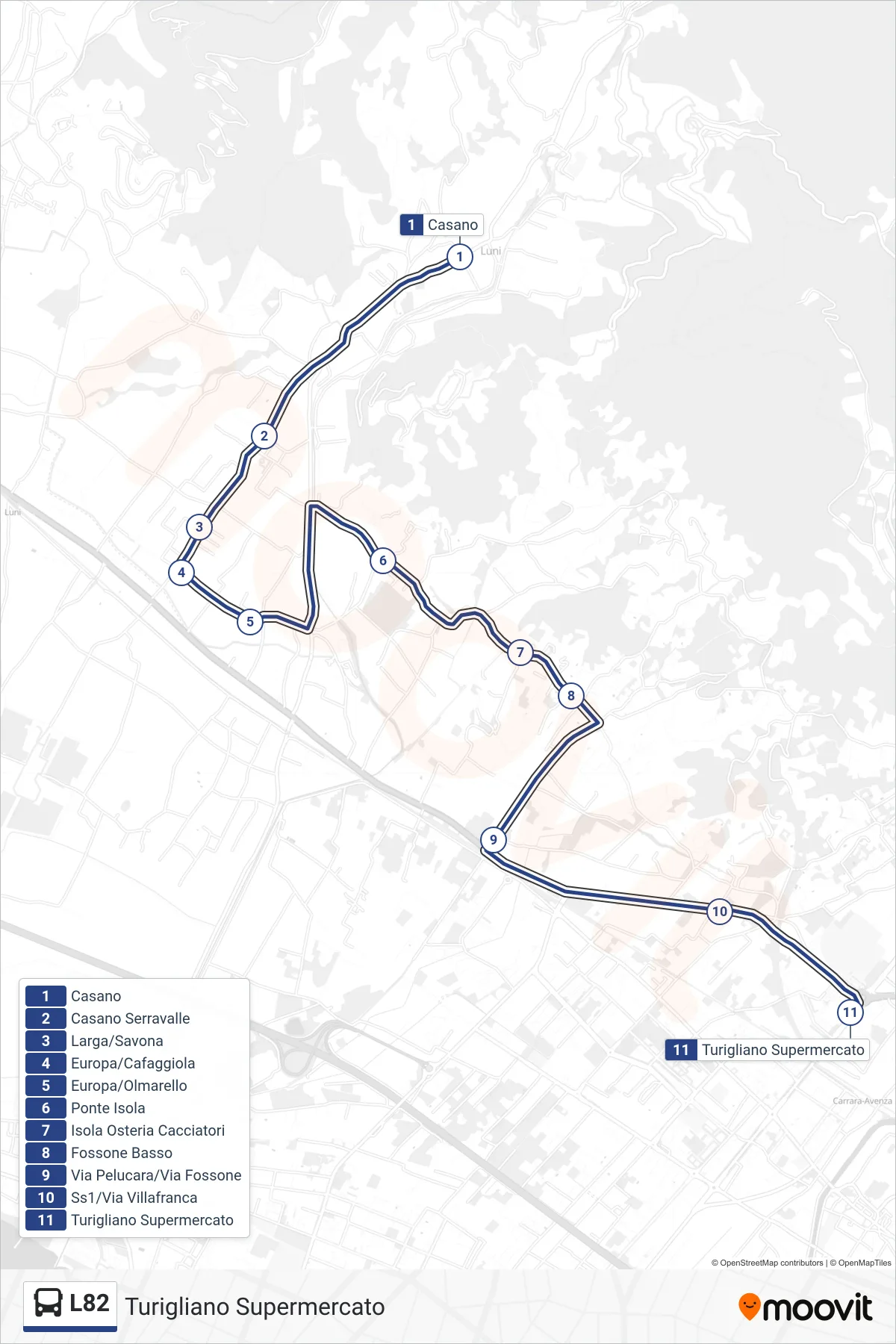 Linea L82 bus (Turigliano Supermercato) - Percorsi e fermate sulla mappa