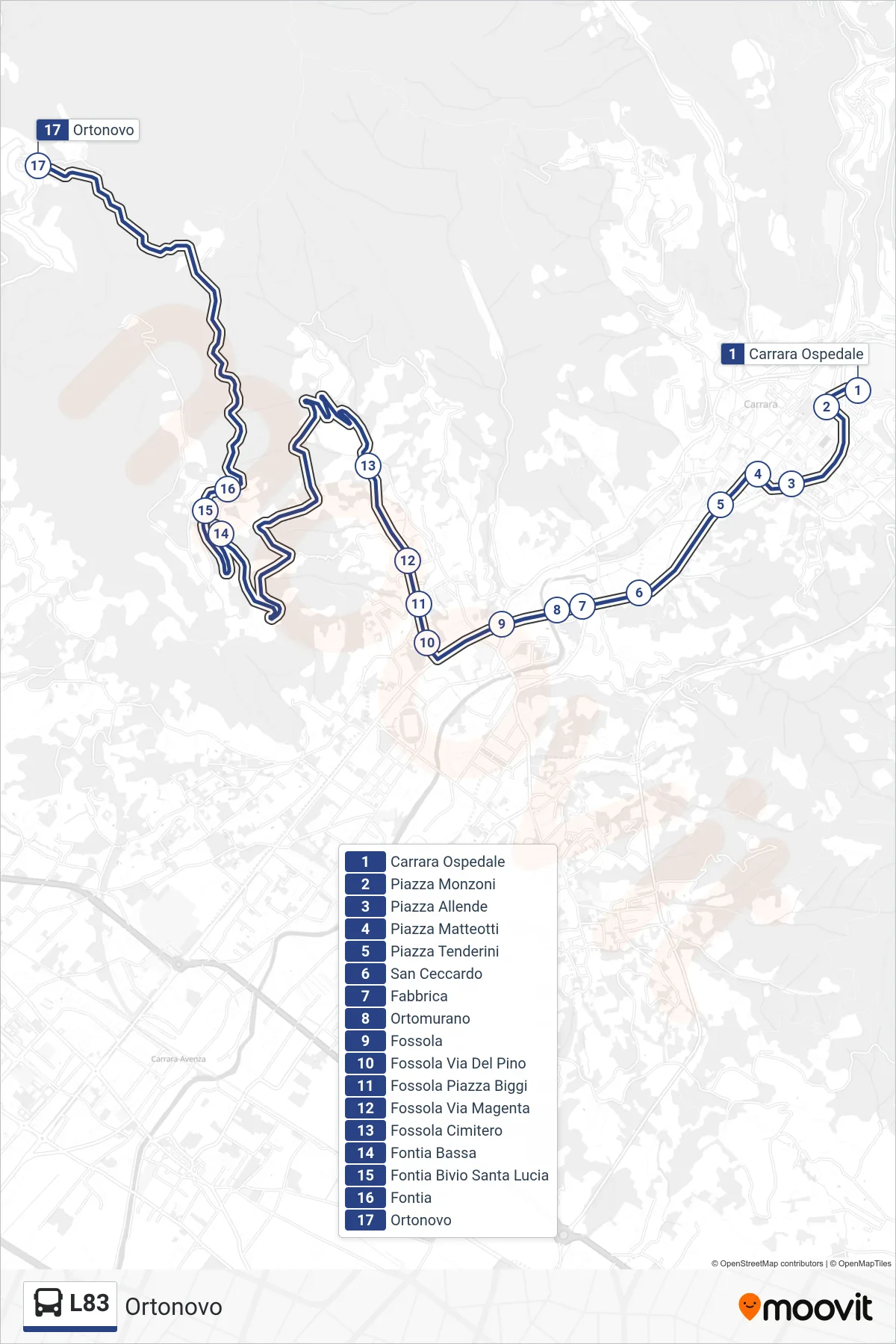 Linea L83 bus (Ortonovo) - Percorsi e fermate sulla mappa