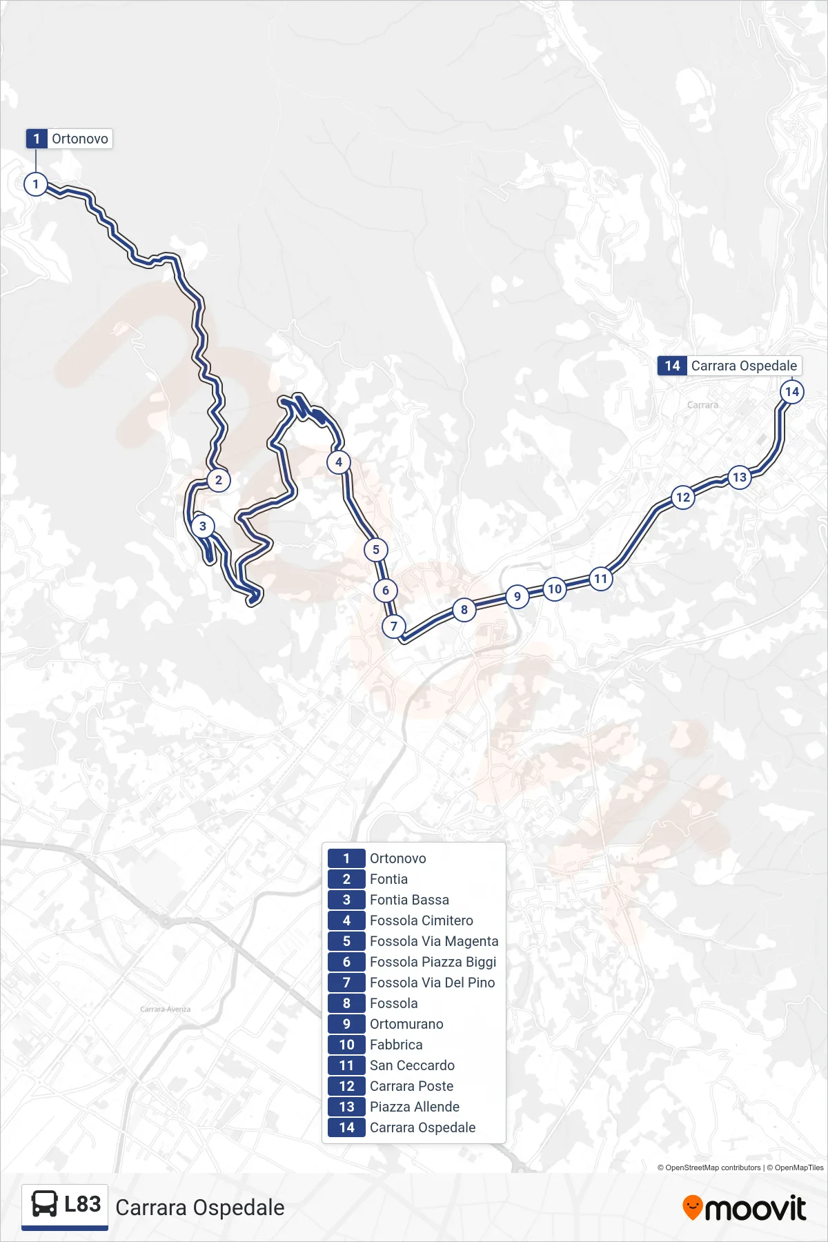 Linea L83 bus (Carrara Ospedale) - Percorsi e fermate sulla mappa